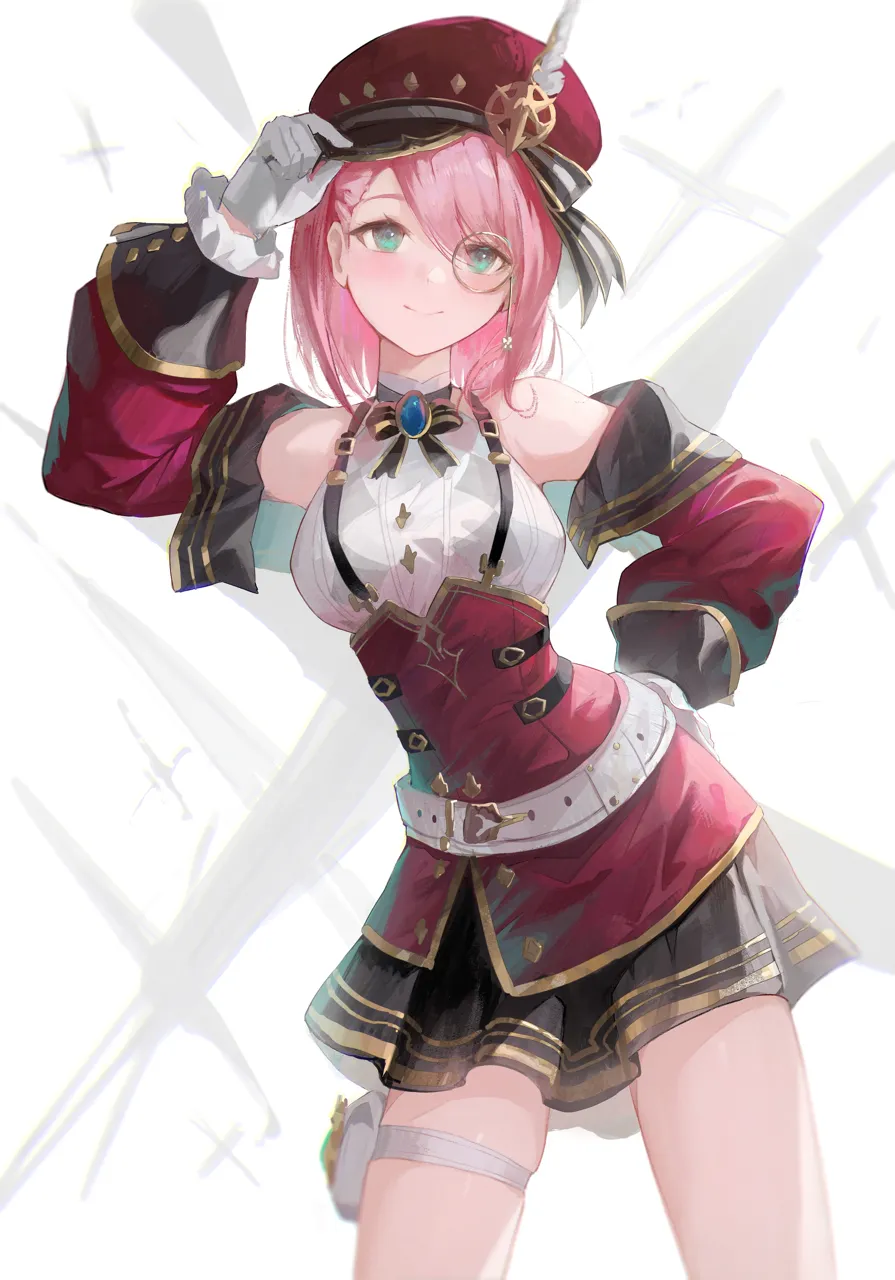 1girl bare_shoulders belt black_ribbon black_skirt blue_gemstone detached_sleeves gem gloves gold_trim green_eyes hand_on_headwear hand_on_own_hip jacket light_blush looking_at_viewer medium_hair monocle multicolored_sleeves pink_hair pleated_skirt red_headwear red_jacket ribbon skirt smile solo thigh_strap two_tone_sleeves white_background white_belt white_gloves white_undershirt yonesdraws genshin_impact charlotte__genshin_impact