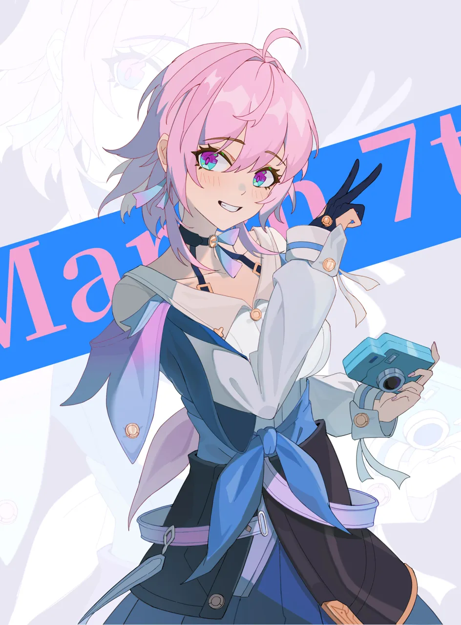 1girl ahoge archery_shooting_glove black_choker black_corset black_gloves blue_eyes blue_jacket blue_skirt blush breasts buttons camera character_name choker collarbone corset cowboy_shot earrings gloves grin holding holding_camera jacket jewelry long_sleeves looking_at_viewer medium_breasts medium_hair multicolored_eyes partially_fingerless_gloves pink_hair pleated_skirt purple_eyes shirt single_earring single_glove skirt smile solo tied_jacket two_tone_eyes white_shirt zoom_layer xiangyu_xiangyu honkai__star_rail honkai__series march_7th__honkai__star_rail march_7th__preservation__honkai__star_rail