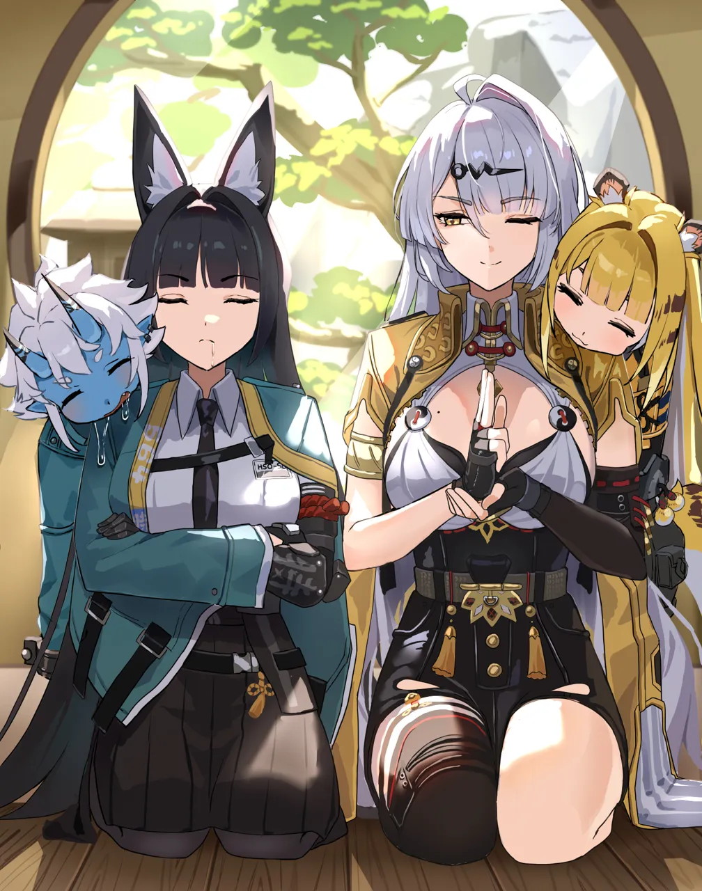 4girls animal_ears black_gloves black_hair black_necktie black_pantyhose black_skirt black_thighhighs blonde_hair blue_skin blunt_bangs blush breasts closed_eyes closed_mouth collared_shirt colored_skin crossed_arms fingerless_gloves fox_ears fox_girl full_body gloves horns large_breasts long_hair long_sleeves mole mole_on_breast multiple_girls necktie one_eye_closed pantyhose seiza shirt single_thighhigh sitting skirt smile tail thighhighs tiger_ears tiger_girl tiger_tail white_hair white_shirt wooden_floor yellow_eyes uuroncha zenless_zone_zero hoshimi_miyabi__zenless_zone_zero ju_fufu__zenless_zone_zero soukaku__zenless_zone_zero yixuan__zenless_zone_zero