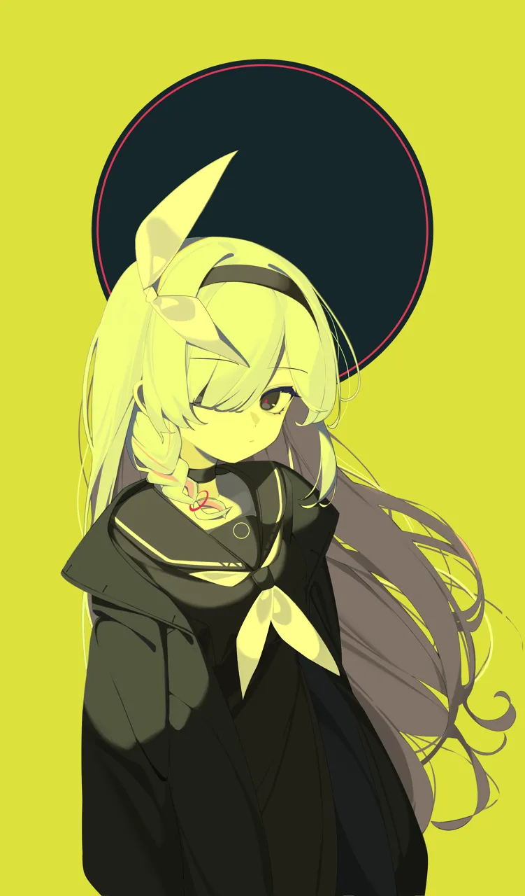 1girl arms_at_sides black_choker black_eyes black_hairband black_jacket black_sailor_collar black_shirt bow braid choker closed_mouth collared_jacket cowboy_shot expressionless floating_hair hair_bow hair_over_one_eye hairband jacket long_hair long_sleeves looking_at_viewer neckerchief open_clothes open_jacket red_pupils sailor_collar school_uniform serafuku shirt side_braid sidelocks simple_background solo white_bow white_hair white_neckerchief yellow_background hijo__nakare2845 blue_archive plana__blue_archive