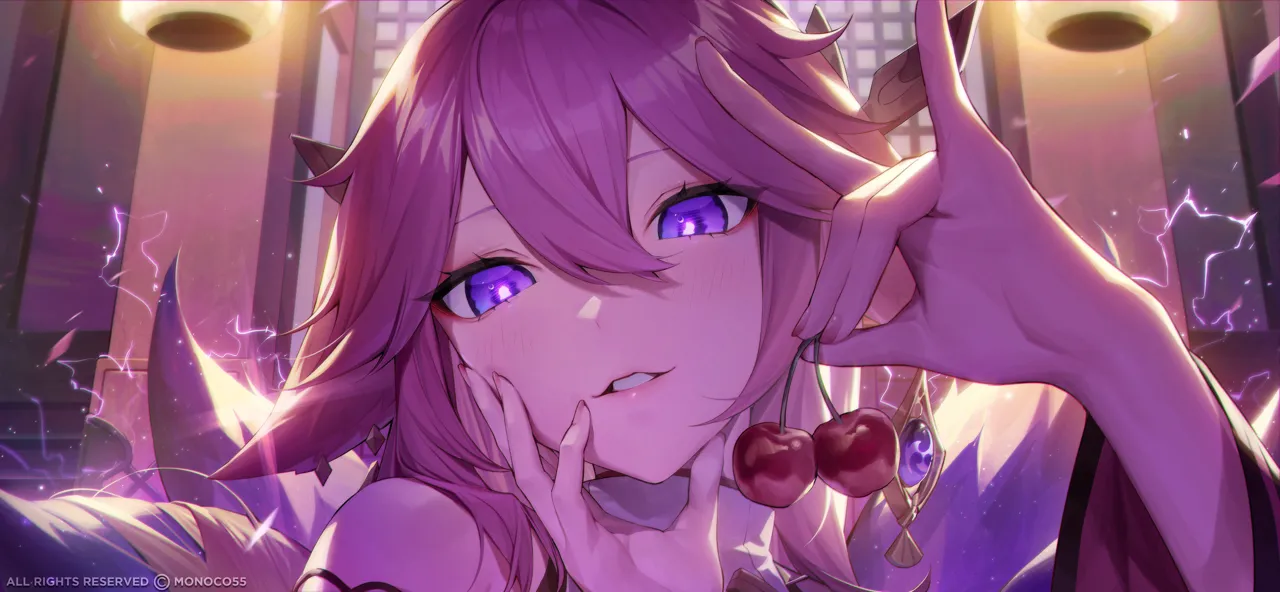 1girl animal_ears architecture artist_name bare_shoulders blush bright_pupils cherry copyright_notice earrings east_asian_architecture floppy_ears food fox_ears fox_shadow_puppet fox_tail fruit hair_between_eyes hand_on_own_cheek hand_on_own_face hand_up head_tilt holding holding_food holding_fruit jewelry lightning open_mouth pink_hair pink_nails portrait purple_eyes sidelocks tail turtleneck vision__genshin_impact monoco55 genshin_impact yae_miko__genshin_impact