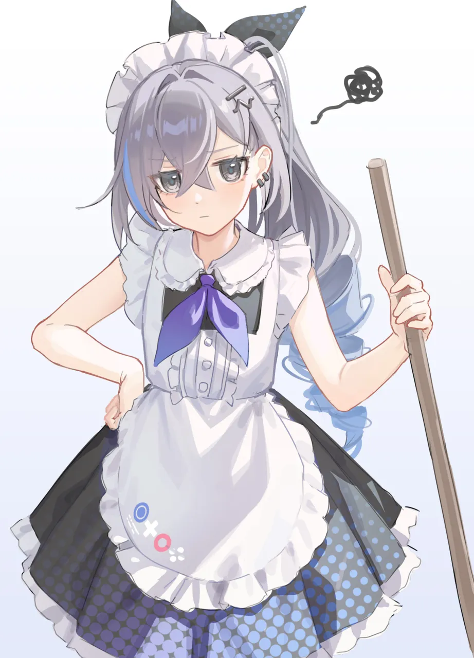 1girl alternate_costume apron black_ribbon broom dress enmaided grey_eyes grey_hair hair_ornament hair_ribbon hairclip hand_on_own_hip holding holding_broom long_hair looking_at_viewer maid maid_apron maid_headdress multicolored_hair ponytail ribbon sleeveless sleeveless_dress solo squiggle streaked_hair yukiri__l_ii honkai__star_rail honkai__series silver_wolf__honkai__star_rail