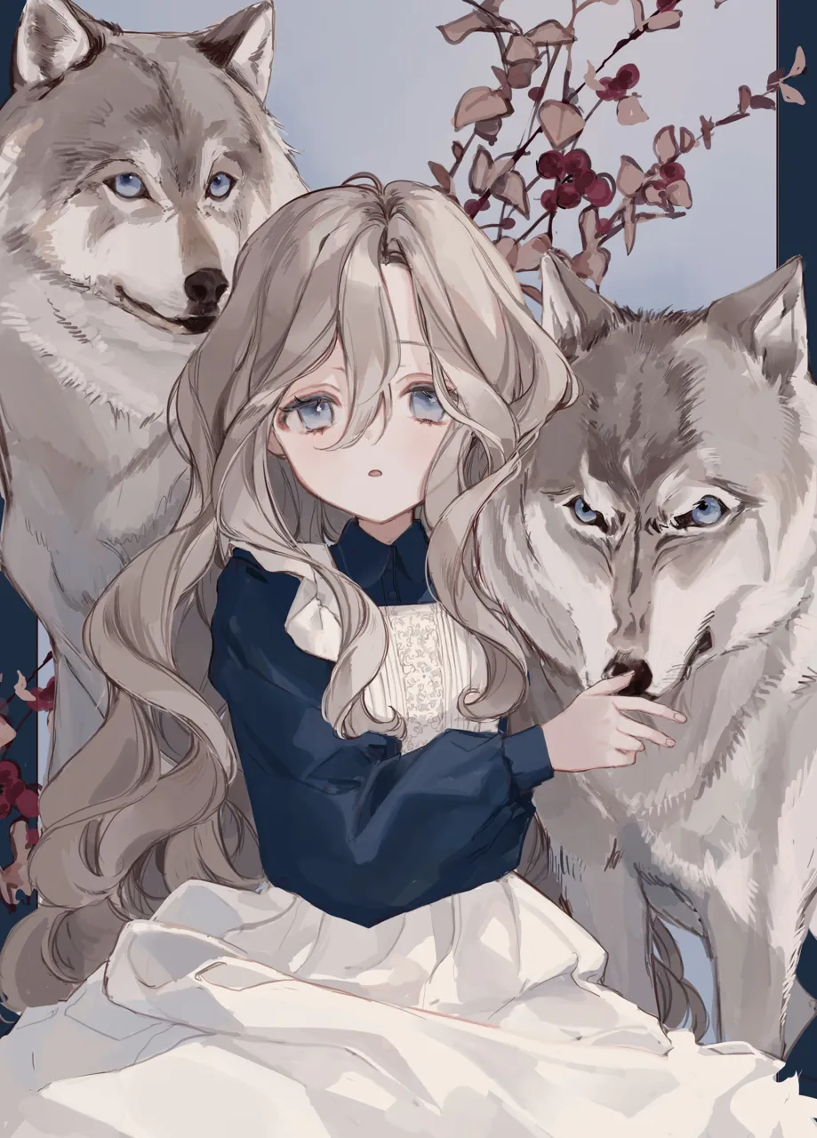 1girl blue_eyes blue_shirt blush collared_shirt cowboy_shot dress flower grey_hair hair_between_eyes hand_on_animal long_hair long_sleeves looking_at_viewer open_mouth pillarboxed pleated_dress puffy_long_sleeves puffy_sleeves red_flower shirt sidelocks sitting sleeve_cuffs solo straight_on wavy_hair white_dress wolf kyuumura