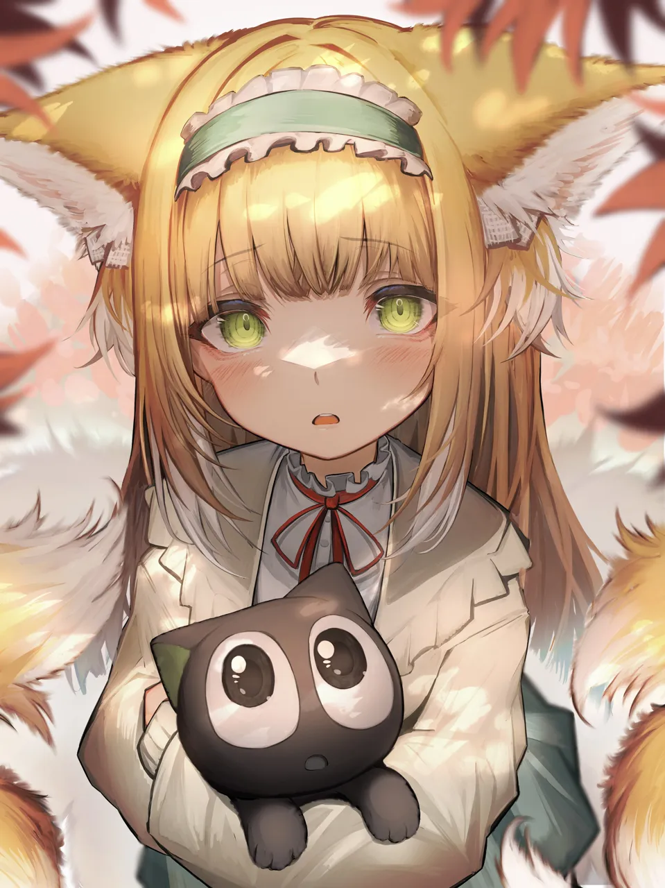 1girl animal_ears aqua_hairband black_cat blonde_hair blunt_bangs cat fox_ears fox_girl fox_tail frilled_hairband frills green_eyes hairband long_hair long_sleeves looking_at_viewer material_growth multiple_tails neck_ribbon official_alternate_costume oripathy_lesion__arknights red_ribbon ribbon tail tab_head arknights luo_xiaohei_zhanji luo_xiaohei luo_xiaohei__cat suzuran__arknights suzuran__spring_praise__arknights