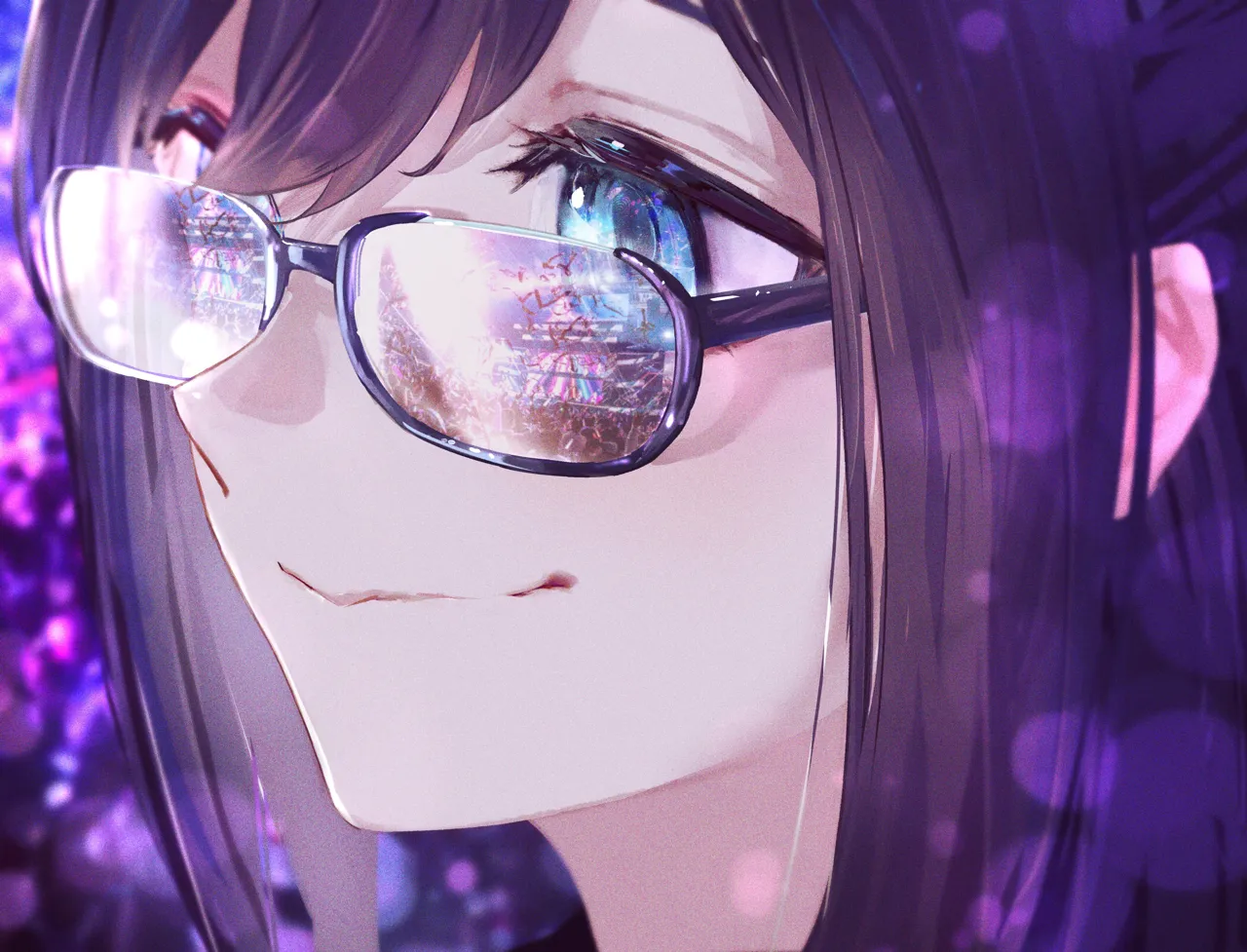1girl black_framed_eyewear blue_eyes blue_hair close_up concert crowd eyelashes glasses happy light_smile reflective_eyewear semi_rimless_eyewear short_hair solo stage stage_lights straight_hair streamers swept_bangs virtual_youtuber hide__tabakko hololive a_chan__hololive