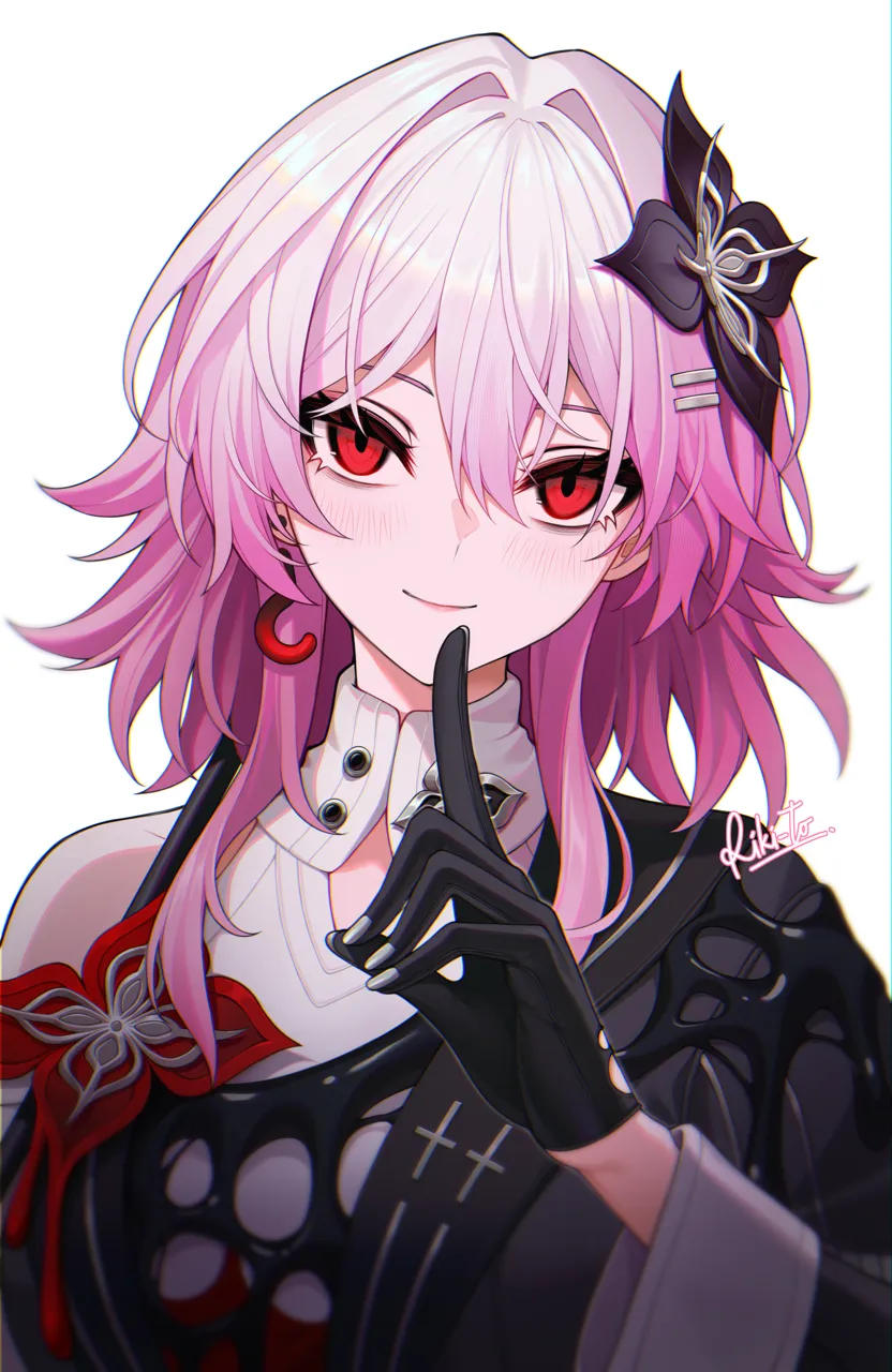 1girl artist_name black_gloves black_jacket blush earrings finger_to_mouth flower gloves hair_flower hair_ornament half_jacket jacket jewelry looking_at_viewer medium_hair pink_hair red_eyes shirt simple_background smile solo upper_body white_background white_shirt riki_to honkai__star_rail honkai__series evernight__honkai__star_rail march_7th__honkai__star_rail