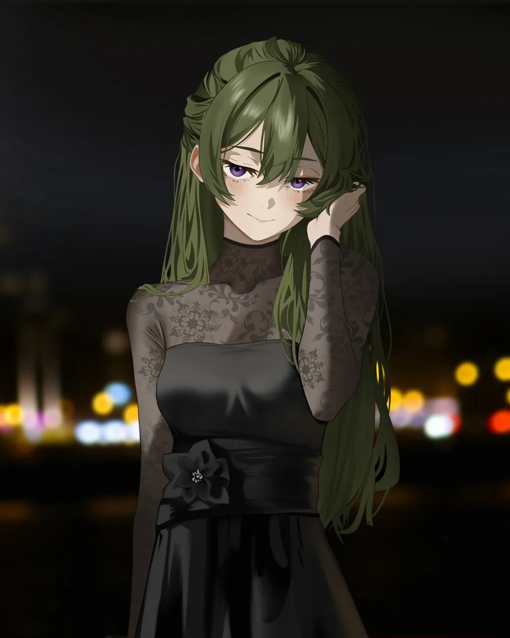 1girl alternate_costume alternate_hairstyle black_dress closed_mouth dress green_hair hair_between_eyes hand_up long_hair looking_at_viewer night night_sky purple_eyes sky smile solo jmx__j_m_x sousou_no_frieren ubel__sousou_no_frieren