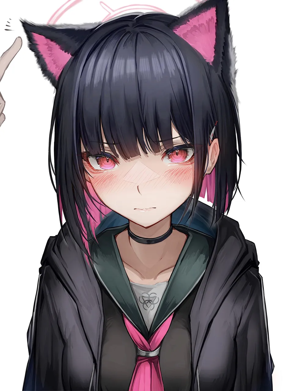 1girl animal_ears black_choker black_hair black_hoodie black_jacket blue_sailor_collar cat_ears choker colored_inner_hair extra_ears green_sailor_collar hair_ornament hairclip halo hood hooded_jacket hoodie jacket multicolored_hair neckerchief pink_hair pink_neckerchief pointing red_eyes sailor_collar school_uniform short_hair simple_background trinity_general_school_logo two_tone_hair upper_body white_background tab_head blue_archive kazusa__blue_archive