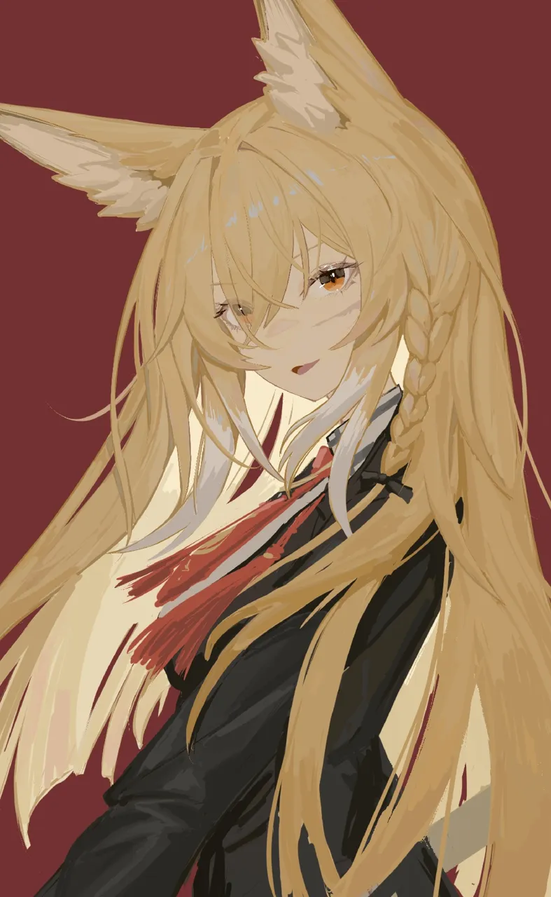 1girl animal_ear_fluff animal_ears black_jacket blonde_hair braid colored_tips eyes_visible_through_hair fox_ears fox_girl from_side hair_between_eyes hair_over_one_eye hair_ribbon jacket long_hair long_sidelocks looking_at_viewer looking_to_the_side multicolored_hair necktie open_mouth orange_eyes red_background red_necktie ribbon scar scar_on_cheek scar_on_face shirt short_necktie side_braid sidelocks simple_background single_braid smile solo suit_jacket tassel tress_ribbon turning_head two_tone_hair upper_body white_hair white_shirt yan_z arknights vulpisfoglia__arknights