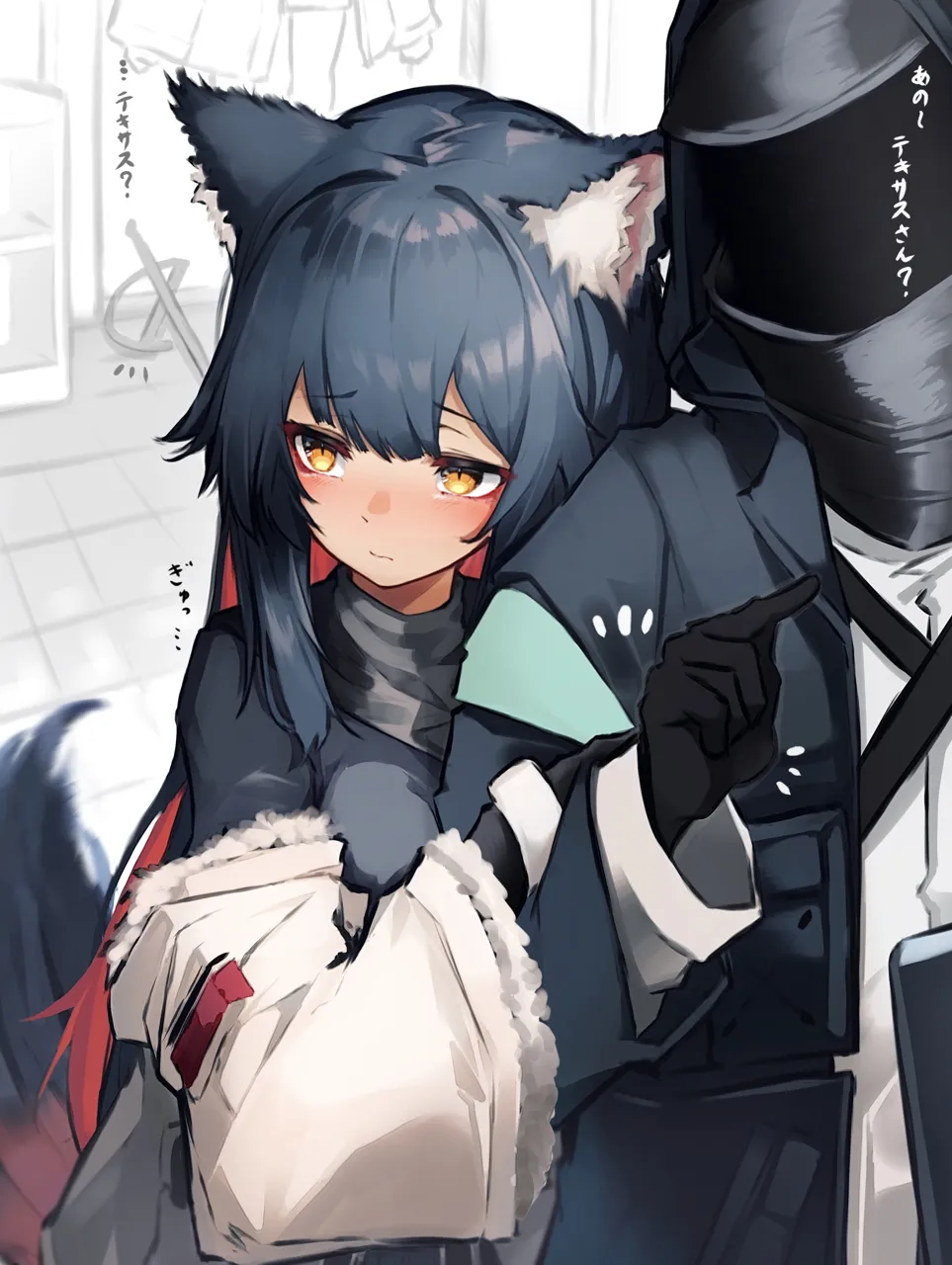 1girl 1other animal_ears black_gloves black_hair blunt_bangs blush closed_mouth gloves long_sleeves multicolored_hair red_hair short_hair slit_pupils tail two_tone_hair yellow_eyes tab_head arknights doctor__arknights lappland__arknights texas__arknights