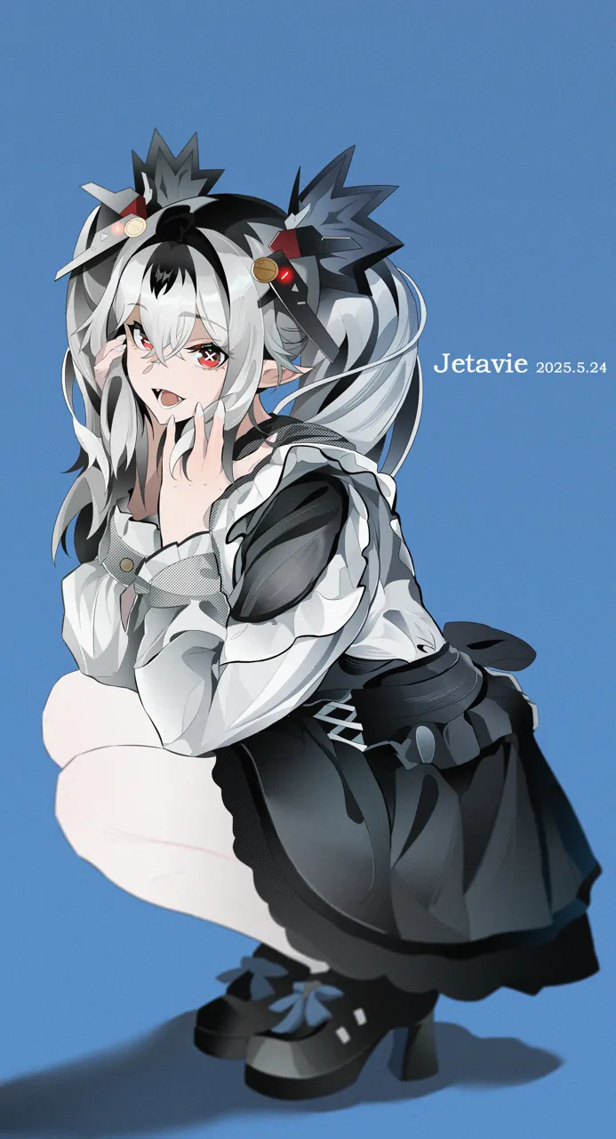 1girl black_hair black_shoes black_skirt blue_background character_name dated fang frilled_shirt frills grey_hair hair_intakes hair_ornament headgear high_heels looking_at_viewer mismatched_pupils multicolored_hair open_mouth playing_with_own_hair pointy_ears red_eyes shirt shoes sidelocks skirt slit_pupils solo streaked_hair symbol_shaped_pupils twintails white_nails white_shirt x_shaped_pupils fley_lan punishing__gray_raven jetavie__pgr