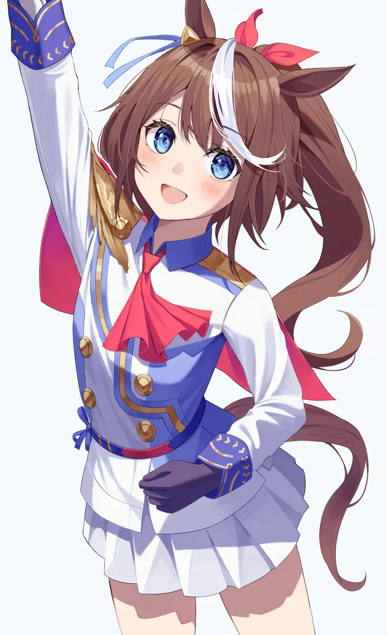 1girl animal_ears black_gloves blue_eyes blush brown_hair cape epaulettes gloves grey_background hair_between_eyes high_ponytail horse_ears horse_girl horse_tail jacket long_hair long_sleeves miniskirt multicolored_hair open_mouth pleated_skirt ponytail red_cape simple_background single_epaulette skirt smile solo streaked_hair tail two_tone_hair two_tone_skirt white_hair white_jacket white_skirt niji__rudduf232 umamusume tokai_teio__umamusume