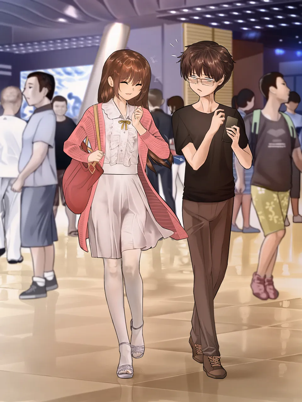 2girls 6_boys bag black_hair blouse brother_and_sister brown_hair cellphone closed_eyes coat full_body glasses handbag holding holding_bag holding_phone indoors long_hair looking_at_another multiple_boys multiple_girls open_mouth panties pantyhose phone shirt short_hair siblings skirt smartphone smile thighhighs underwear walking white_pantyhose yewang19 lu__yewang19 yu_xuan__yewang19