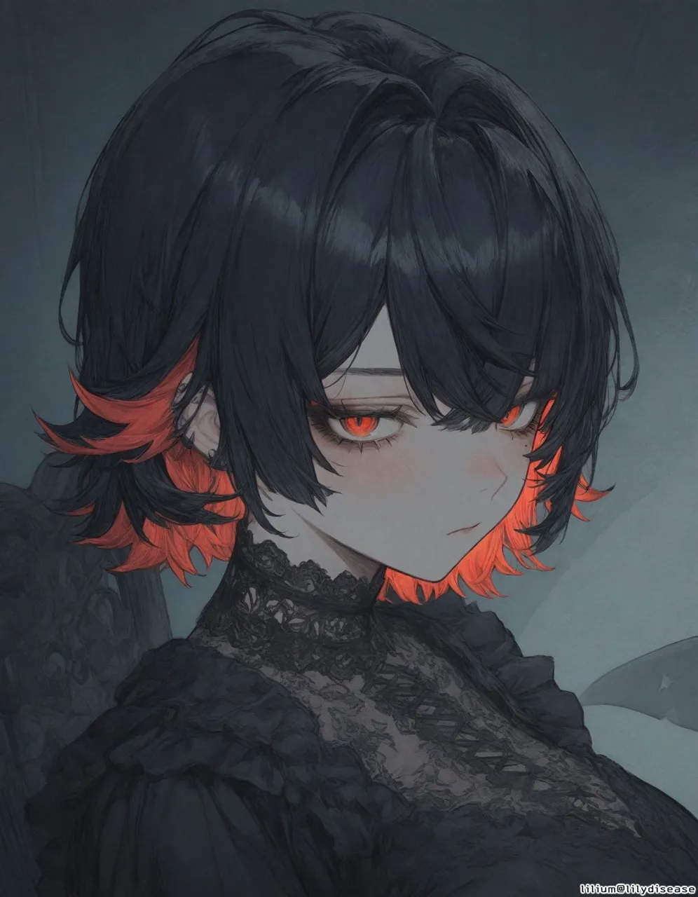 1girl bangs black_hair blush closed_mouth grey_background looking_at_viewer multicolored_hair red_eyes red_hair short_hair solo streaked_hair zenless_zone_zero ellen_joe__zenless_zone_zero