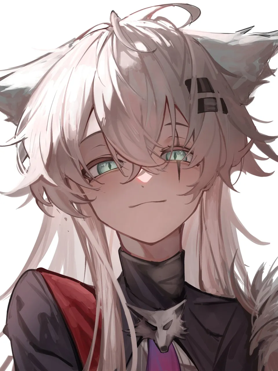 1girl ahoge animal_ears ascot black_jacket blush crossed_bangs diamond__shape diamond_shaped_pupils eyebrows_hidden_by_hair grey_eyes grey_hair hair_between_eyes hair_ornament hairclip jacket long_hair looking_at_viewer portrait purple_ascot scar_across_eyes shirt sidelocks simple_background solo symbol_shaped_pupils white_background white_shirt wolf_ears wolf_girl aimu__yazidmubarok_07 arknights lappland__arknights lappland_the_decadenza__arknights