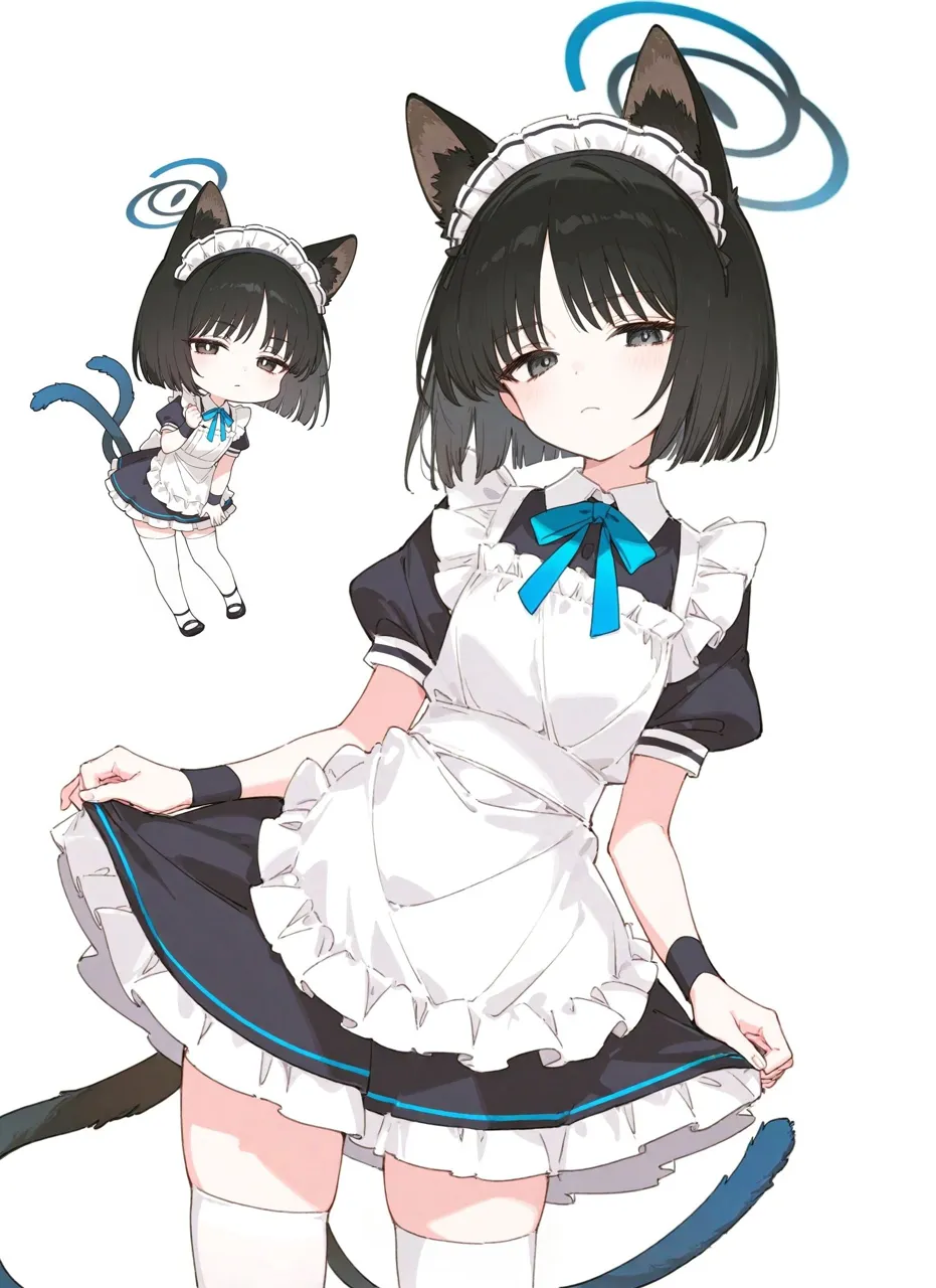 1girl animal_ears apron bangs black_dress black_hair blush bob_cut brown_eyes cat_ears cat_girl cat_tail clothes_lift dress enmaided eyebrows_visible_through_hair frilled_apron frills lifted_by_self looking_at_viewer maid maid_apron maid_headdress puffy_sleeves short_hair short_sleeves simple_background skirt_hold skirt_lift tail tail_ornament tail_raised thighhighs white_apron white_background white_legwear sasakichi blue_archive kiryuu_kikyou__blue_archive