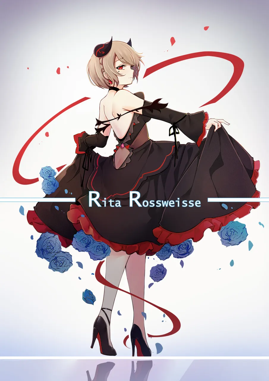 1girl back backless_dress backless_outfit bare_shoulders black_dress black_shoes black_sleeves blue_flower brown_hair character_name closed_mouth dress earrings flower full_body hair_ornament hair_over_one_eye high_heels jewelry looking_at_viewer looking_back mole mole_under_eye petals purple_eyes reflection reflective_floor shoes short_hair skirt skirt_hold sleeveless sleeveless_dress smile solo standing qingye_ling honkai__series honkai_impact_3rd rita_rossweisse__honkai_impact_3rd rita_rossweisse__dusky_murmurs__honkai_impact_3rd rita_rossweisse__umbral_rose__honkai_impact_3rd