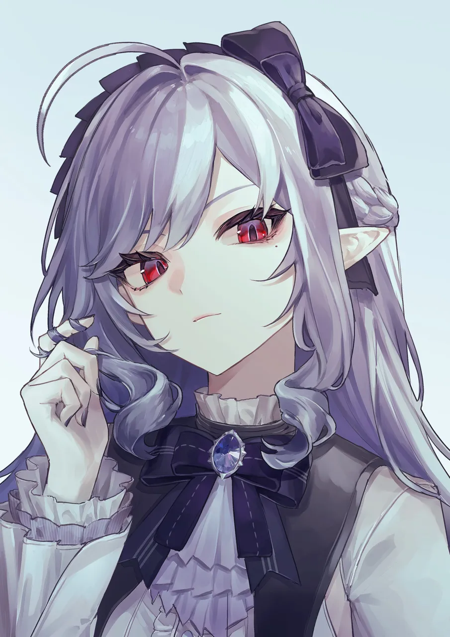 1girl ahoge black_bow black_hairband black_nails blue_background bow closed_mouth grey_hair hair_bow hairband long_hair long_sleeves looking_at_viewer mole mole_under_eye nail_polish pale_skin pointy_ears red_eyes sidelocks simple_background solo twirling_hair upper_body uozumi_akira zenless_zone_zero vivian__zenless_zone_zero