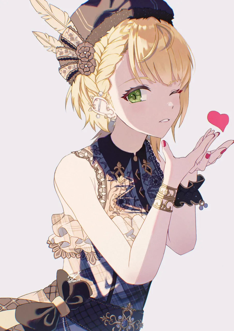 1girl barbell_piercing bare_shoulders beret black_hat blonde_hair bow bracelet dress ear_piercing frilled_dress frills from_side grey_dress grey_eyes hat industrial_piercing jewelry looking_at_viewer multiple_piercings open_mouth piercing plume short_hair_with_long_locks single_wrist_cuff sleeveless sleeveless_dress solo spike_piercing upper_body waist_bow wrist_cuffs maria_onnette idolmaster idolmaster_cinderella_girls miyamoto_frederica__idolmaster