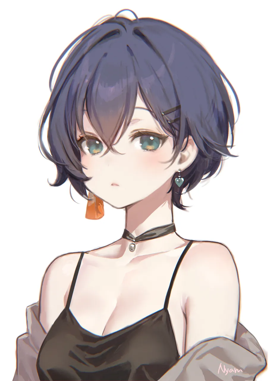 1girl bare_shoulders black_choker black_dress blue_hair breasts choker cleavage crossed_bangs double_parted_bangs dress earrings green_eyes grey_shawl hair_between_eyes hair_ornament hairclip heart heart_earrings jewelry light_blush looking_at_viewer medium_breasts mismatched_earrings parted_lips portrait shawl short_hair simple_background solo spaghetti_strap white_background adelie_cat zenless_zone_zero belle__zenless_zone_zero