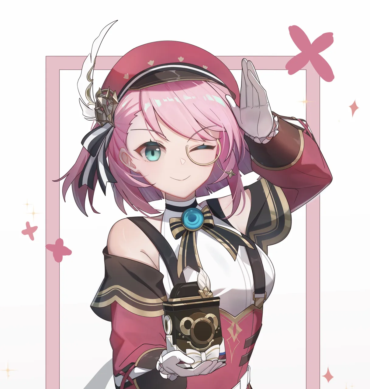 1girl aqua_eyes cabbie_hat camera closed_mouth detached_sleeves gloves hat holding holding_camera long_sleeves monocle one_eye_closed pink_hair red_hat shirt short_hair smile solo vision__genshin_impact white_gloves white_shirt catmelon__user_melon010203 genshin_impact charlotte__genshin_impact