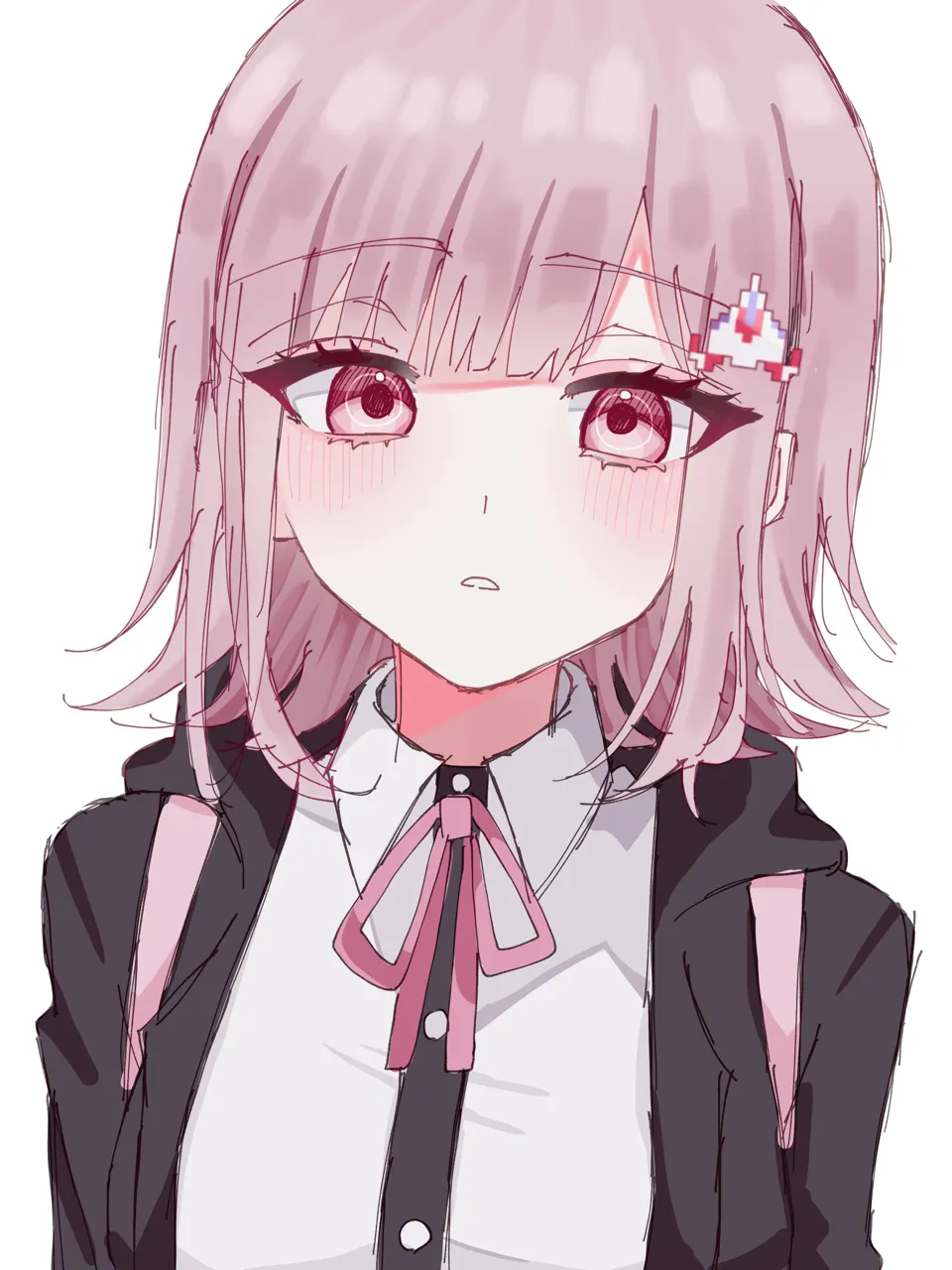 1girl backpack bag black_jacket black_shirt blush hair_ornament jacket medium_hair neck_ribbon open_clothes open_jacket pink_eyes pink_ribbon ribbon shirt solo spaceship_hair_ornament teeth two_tone_shirt white_shirt su_no__su_no090 danganronpa__series danganronpa_2__goodbye_despair galaga nanami_chiaki