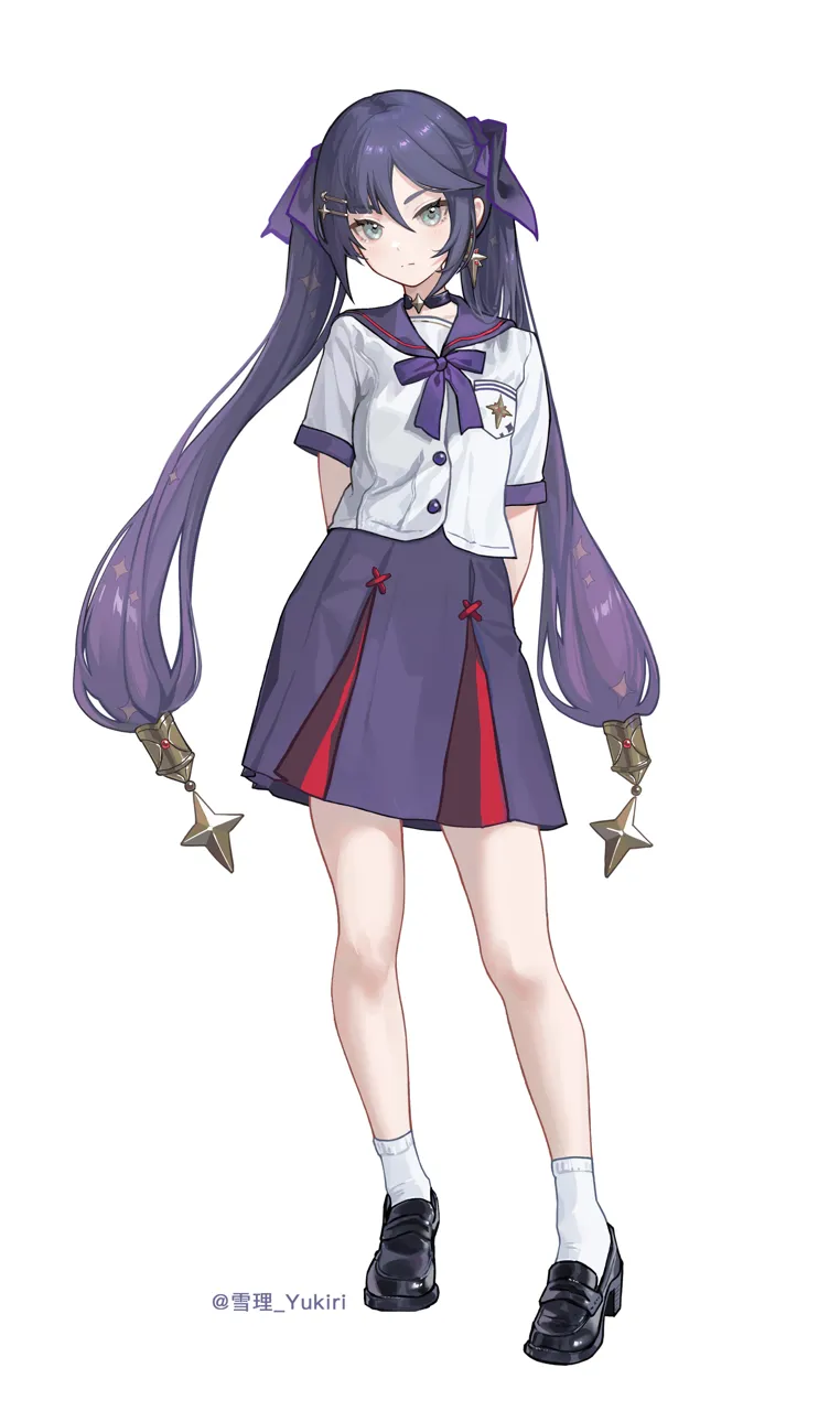 1girl alternate_costume aqua_eyes arms_behind_back black_choker black_shoes choker closed_mouth earrings full_body hair_ornament hair_ribbon hairclip jewelry long_hair looking_at_viewer pocket purple_hair purple_ribbon purple_sailor_collar purple_skirt ribbon sailor_collar school_uniform serafuku shoes short_sleeves simple_background skirt socks solo standing star__symbol twintails very_long_hair white_background white_socks yukiri__l_ii genshin_impact mona__genshin_impact