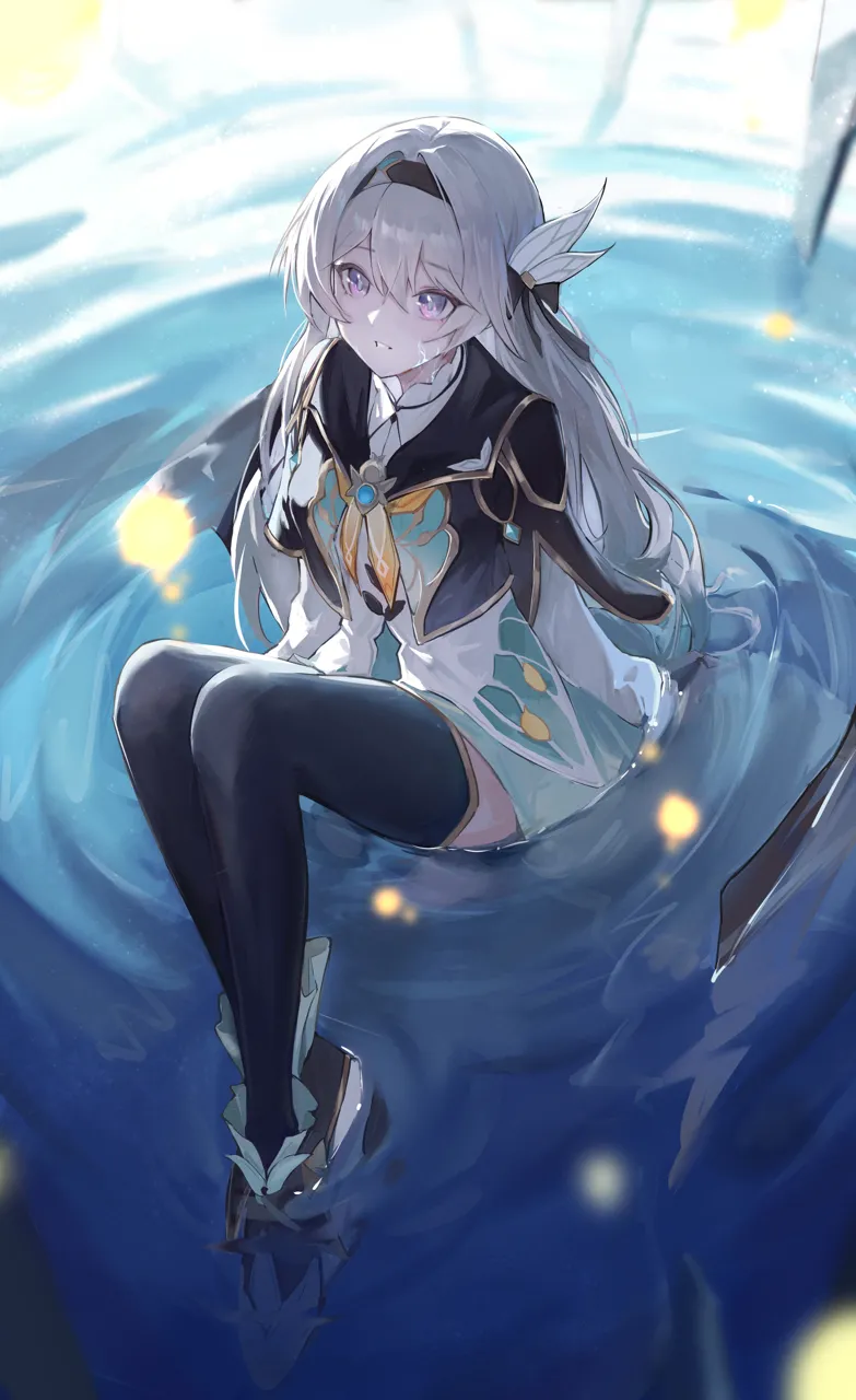 1girl aqua_dress arm_support black_boots black_bow black_jacket boots bow brooch cropped_jacket crossed_ankles dress frilled_shirt_collar frills full_body gradient_eyes grey_hair hair_between_eyes hair_bow hair_intakes hair_ornament hairband head_tilt high_heel_boots high_heels jacket jewelry knees_up light_particles long_hair long_sleeves looking_at_viewer multicolored_eyes parted_lips purple_eyes reflection reflective_water ripples short_sleeved_jacket short_sleeves sidelocks sitting sitting_on_water teeth thigh_boots two_tone_dress very_long_hair white_dress jiang_zhuti_jiojio honkai__star_rail honkai__series firefly__honkai__star_rail