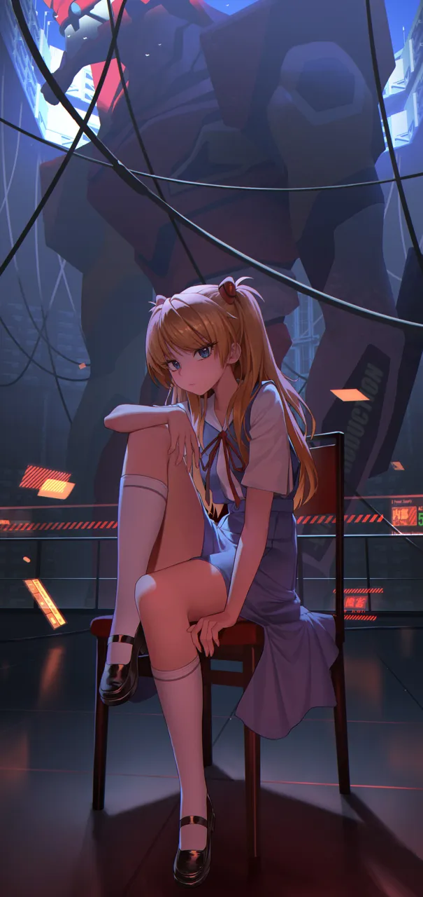 1girl black_shoes blue_eyes blue_skirt brown_hair evangelion__mecha full_body hair_ornament knee_up long_hair looking_at_viewer mecha polished_shoes robot school_uniform science_fiction shirt shoes sitting skirt socks solo tokyo_3_middle_school_uniform two_side_up white_shirt white_socks xzu neon_genesis_evangelion eva_02 souryuu_asuka_langley__neon_genesis_evangelion