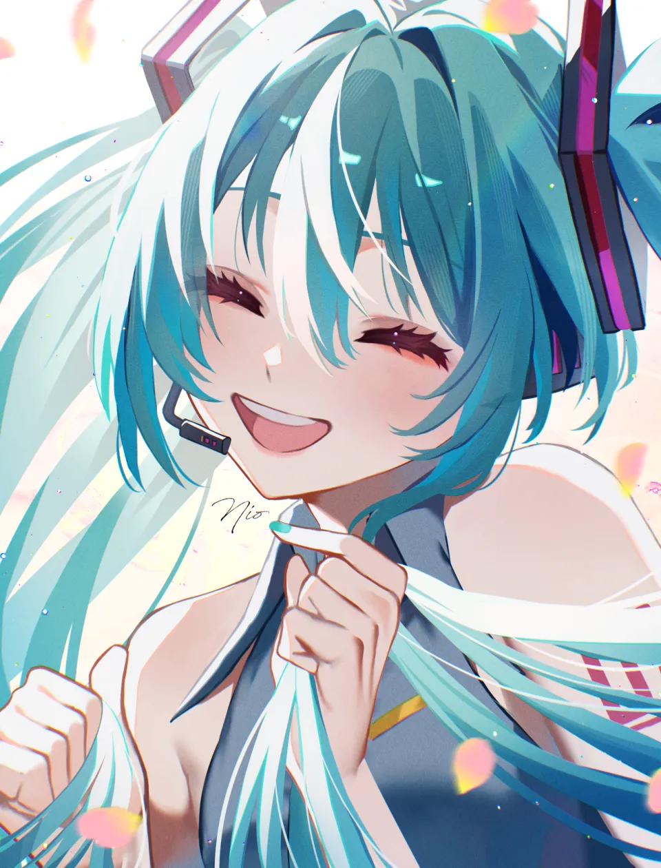 1girl aqua_hair aqua_nails aqua_necktie closed_eyes collared_shirt falling_petals grey_shirt hair_between_eyes hands_up holding holding_own_hair long_hair nail_polish necktie open_mouth petals shirt signature sleeveless sleeveless_shirt smile solo teeth twintails vocaloid upper_body upper_teeth_only white_background om_rm1101 hatsune_miku