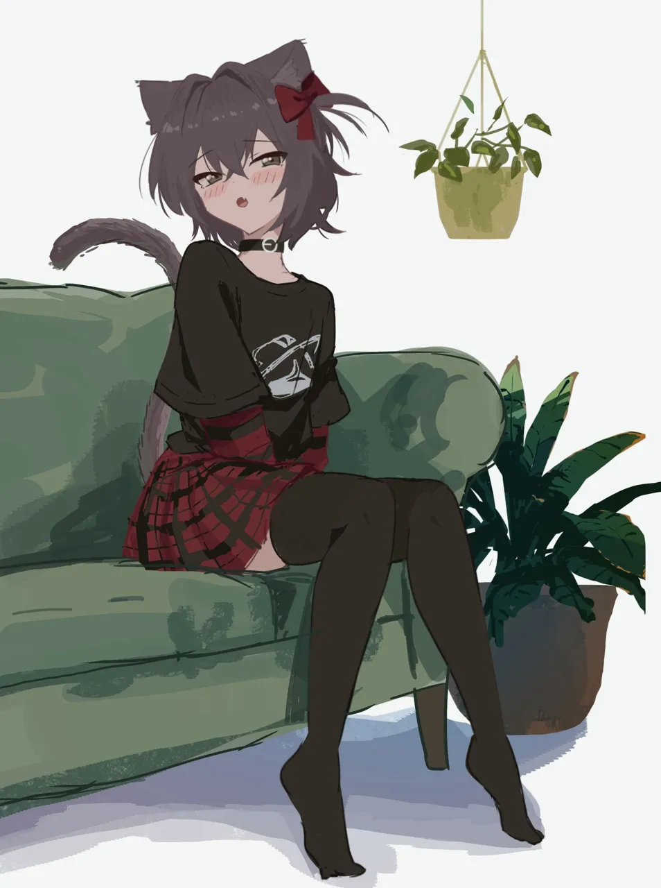 1girl animal_ears arms_between_legs black_choker black_shirt black_thighhighs blush bow brown_eyes brown_hair cat_ears cat_girl cat_tail choker collarbone couch fang full_body hair_bow hanging_plant head_tilt knees_together_feet_apart layered_shirt long_sleeves looking_at_viewer miniskirt no_shoes one_side_up open_mouth plaid_clothes plaid_skirt plant pleated_skirt potted_plant print_shirt red_bow red_shirt red_skirt shirt sidelocks sitting skin_fang skirt solo striped_clothes striped_shirt tail thighhighs kgt__pixiv12957613