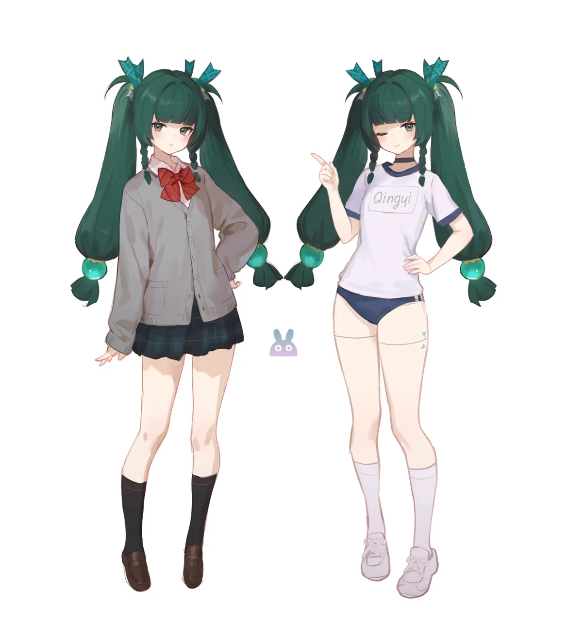 1girl alternate_costume android blue_buruma blunt_bangs blush braid buruma doll_joints full_body green_eyes green_hair gym_uniform joints long_hair looking_at_viewer multiple_views one_eye_closed parted_lips shirt shoes side_braids sidelocks simple_background smile socks standing twintails white_background white_shirt white_shoes white_socks adelie_cat zenless_zone_zero qingyi__zenless_zone_zero