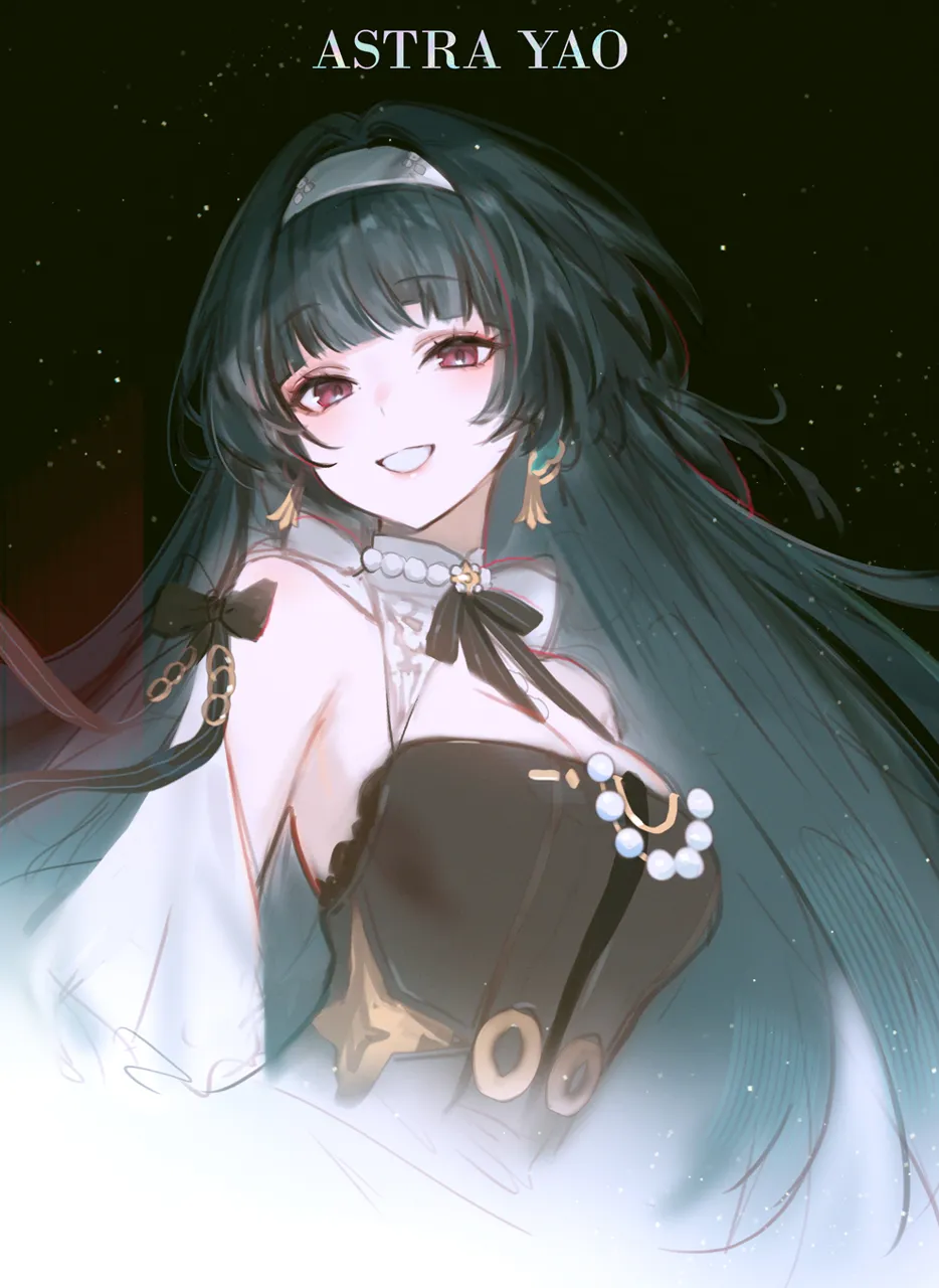 1girl black_background black_hair blunt_bangs breasts character_name cleavage earrings hairband jewelry long_hair looking_at_viewer necklace pearl_necklace red_eyes sidelocks simple_background smile solo upper_body white_hairband adelie_cat zenless_zone_zero astra_yao__zenless_zone_zero astra_yao__chandelier__zenless_zone_zero