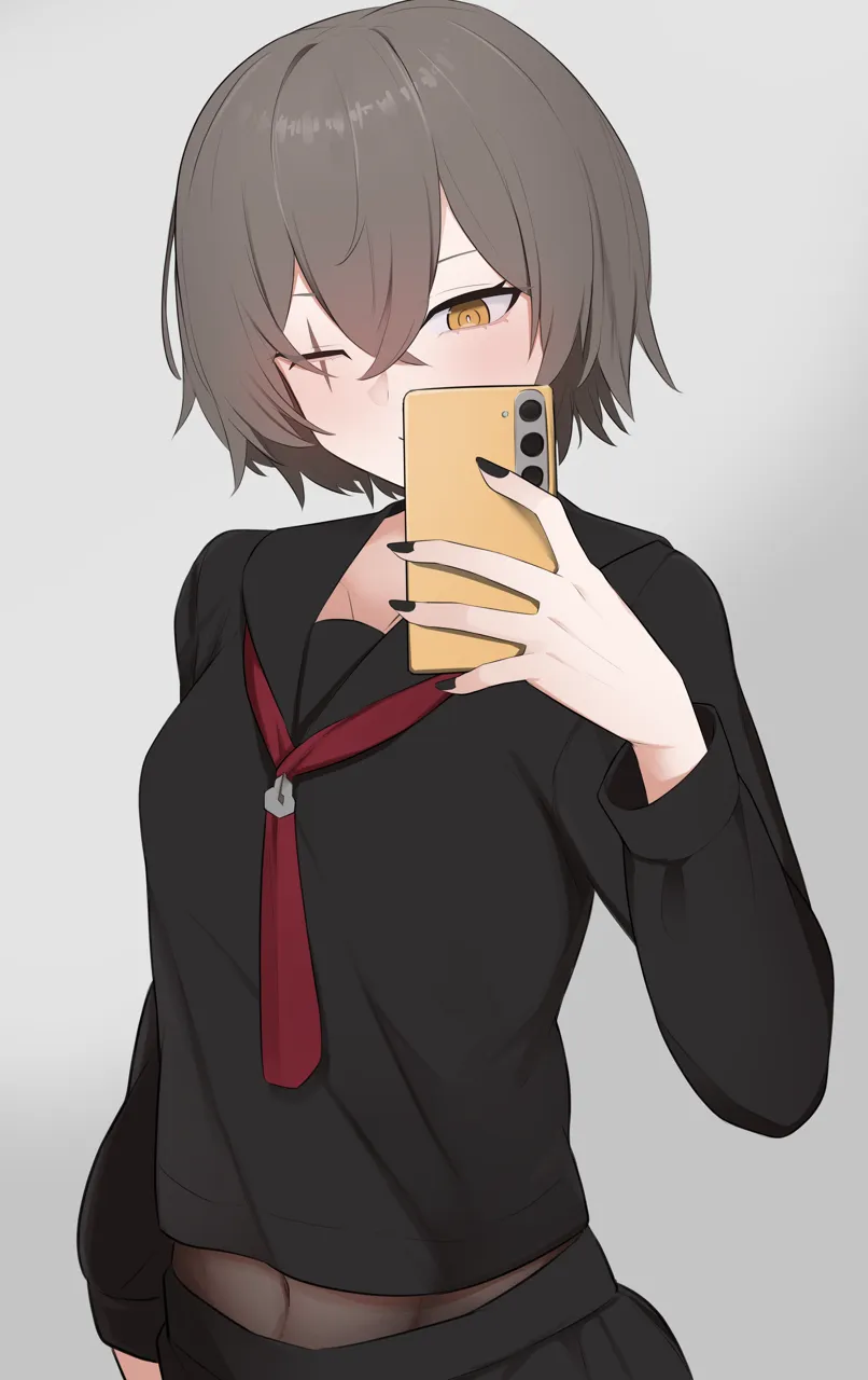 1girl alternate_costume black_nails black_sailor_collar black_serafuku black_shirt black_skirt blush brown_hair cellphone covered_navel grey_background hair_between_eyes holding holding_phone neckerchief one_eye_closed orange_eyes phone red_neckerchief sailor_collar scar scar_across_eye scar_on_face school_uniform selfie serafuku shirt short_hair simple_background skirt smartphone solo re1kirisaki342 girls__frontline girls__frontline_2__exilium leva__girls__frontline_2 ump45__girls__frontline