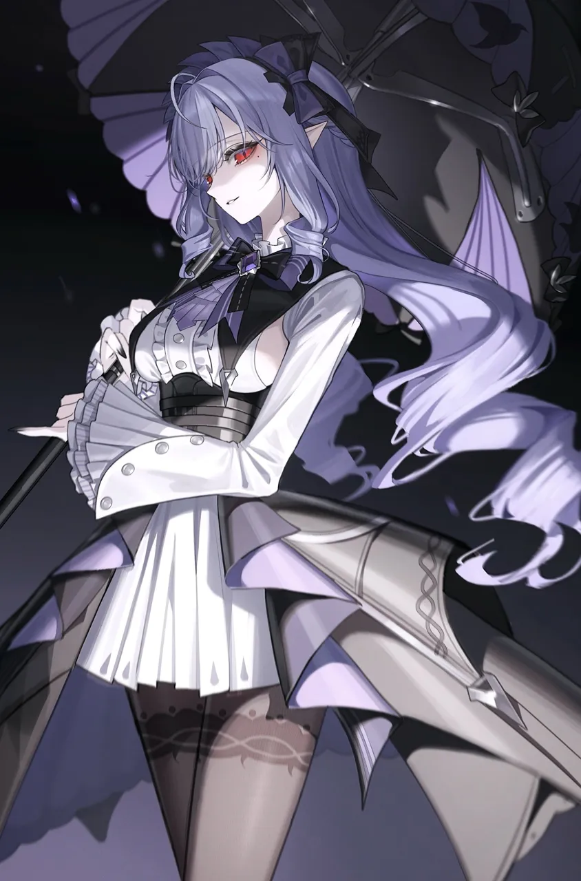 1girl breasts brown_pantyhose center_frills drill_hair frills grey_hair holding holding_umbrella long_hair long_sleeves looking_at_viewer mole mole_under_eye pantyhose parasol parted_lips pointy_ears purple_hair red_eyes shirt skirt smile solo standing umbrella white_shirt white_skirt moduku zenless_zone_zero vivian__zenless_zone_zero