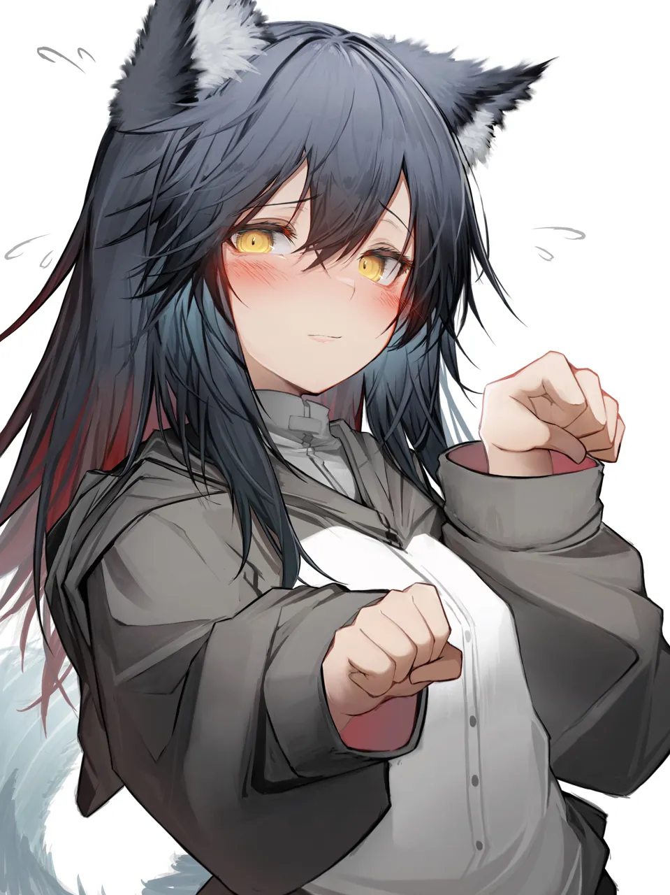 1girl animal_ears black_hair blush closed_mouth gradient_hair grey_jacket hair_between_eyes jacket long_hair long_sleeves looking_at_viewer multicolored_hair red_hair simple_background solo tail upper_body white_background wolf_ears wolf_tail yellow_eyes tab_head arknights texas__arknights