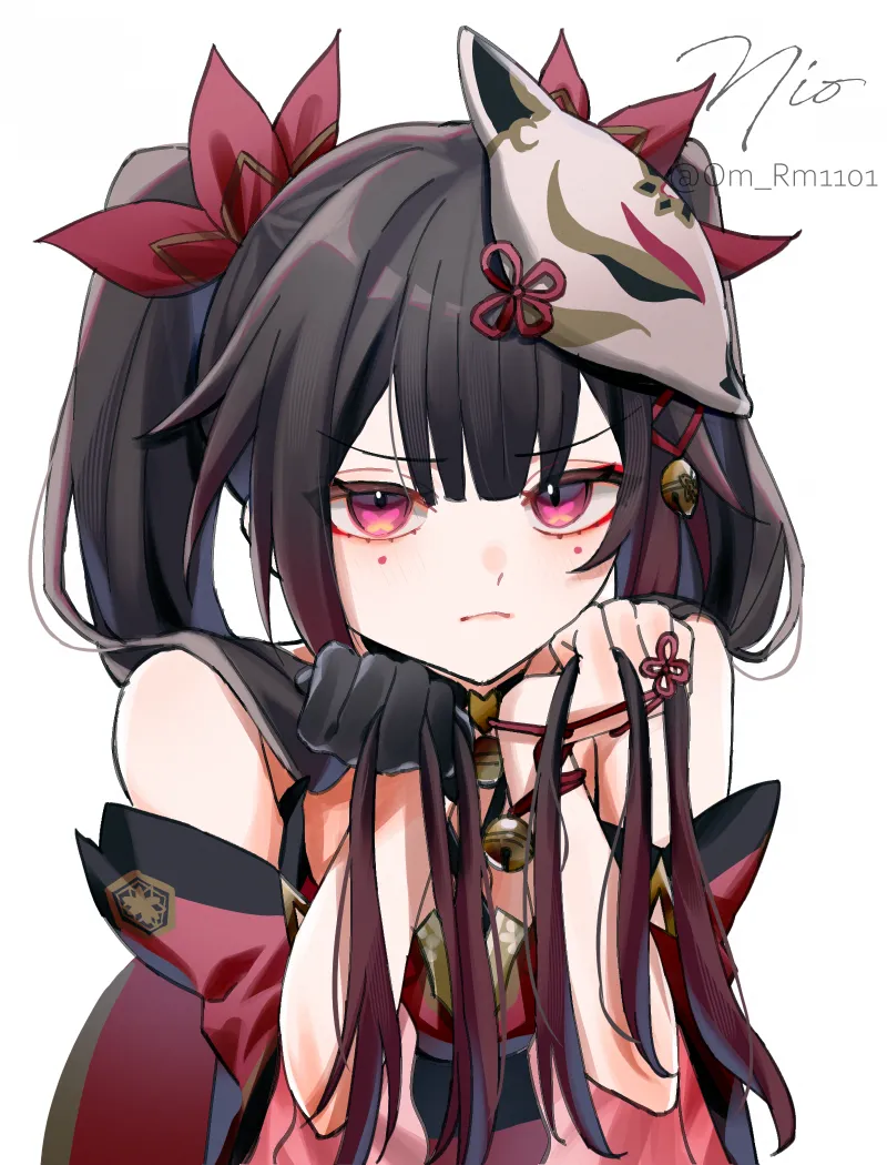 1girl bare_shoulders black_hair detached_sleeves dress facial_mark long_hair looking_at_viewer mark_under_both_eyes mask mask_on_head pout red_dress red_eyes simple_background solo upper_body white_background om_rm1101 honkai__star_rail honkai__series sparkle__honkai__star_rail