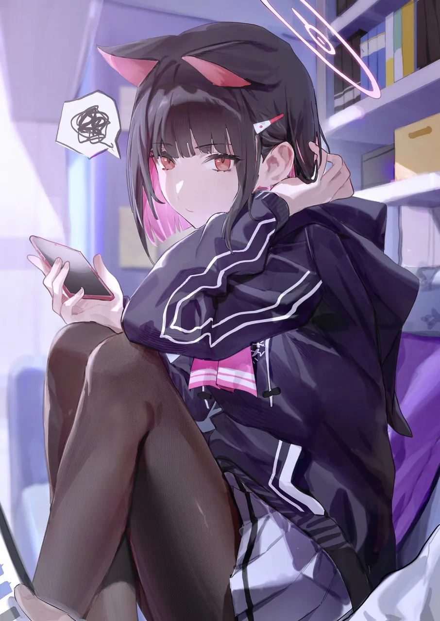 1girl animal_ears black_hair blunt_bangs brown_pantyhose cat_ears closed_mouth colored_inner_animal_ears colored_inner_hair extra_ears hair_ornament halo holding holding_phone indoors jacket long_sleeves looking_at_viewer multicolored_hair pantyhose phone pink_hair red_eyes short_hair sidelocks sitting skirt solo speech_bubble two_tone_hair flatshi blue_archive kazusa__blue_archive