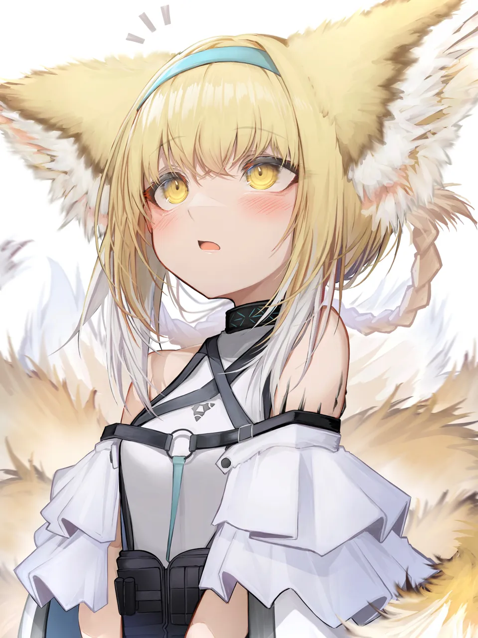 1girl animal_ear_fluff animal_ears aqua_hairband bare_shoulders blonde_hair blush braid fox_ears fox_girl fox_tail hairband infection_monitor__arknights looking_up material_growth multiple_tails open_mouth oripathy_lesion__arknights short_hair simple_background solo tail upper_body white_background yellow_eyes tab_head arknights suzuran__arknights