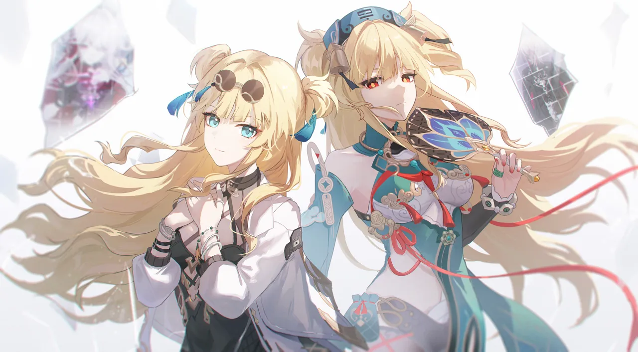 2girls bare_shoulders blonde_hair blue_eyes breasts chinese_clothes dress dual_persona eyewear_on_head glowing_cracks hair_intakes jacket long_hair looking_at_viewer multiple_girls navel official_alternate_costume round_eyewear smile two_side_up very_long_hair yukiri__l_ii honkai__series honkai_impact_3rd lantern__honkai_impact songque__honkai__series songque__jovial_deception__shadowdimmer thelema_nutriscu__honkai__series thelema_nutriscu__mad_pleasure__shadowbringer