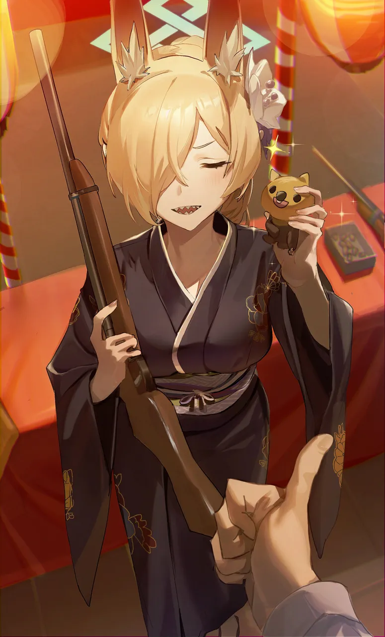 1girl alternate_costume alternate_hairstyle animal_ear_fluff animal_ears blue_halo blush breasts closed_eyes dog_ears dog_girl extra_ears flower gun hair_flower hair_ornament hair_over_one_eye halo hands_up holding holding_gun holding_stuffed_toy holding_weapon japanese_clothes kimono long_bangs long_hair long_sleeves obi open_mouth parted_bangs pov pov_hands sash sharp_teeth shooting_gallery sparkle sparkling_aura stuffed_toy summer_festival teeth thumbs_up weapon wide_sleeves yukata flatshi blue_archive kanna__blue_archive