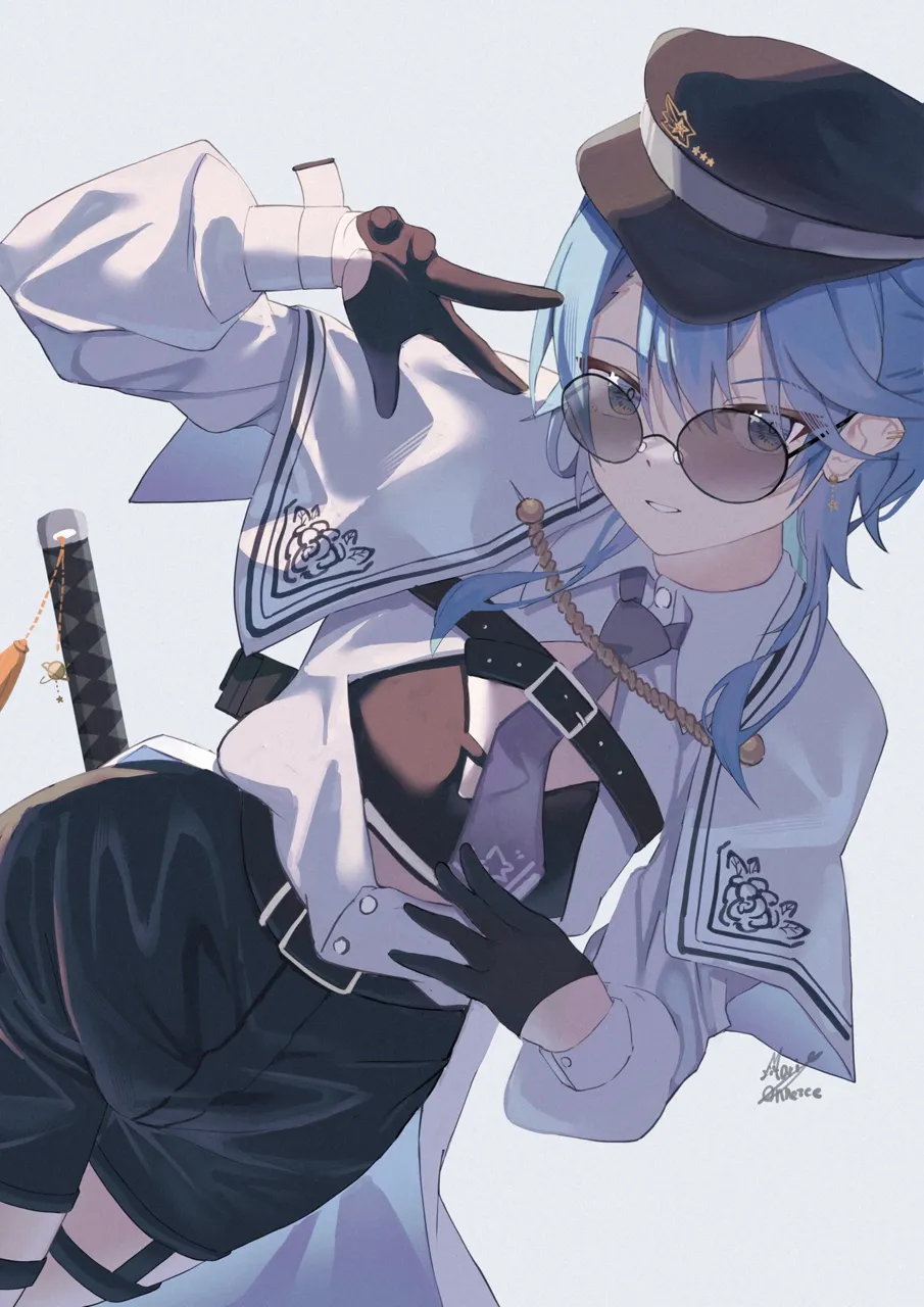 1girl alternate_costume belt black_belt black_gloves black_hat black_shorts black_sports_bra blouse blue_eyes blue_hair capelet chest_strap collared_shirt dutch_angle ear_piercing earrings gloves grey_necktie hair_between_eyes hat jewelry katana long_hair long_sleeves looking_at_viewer necktie open_clothes open_shirt parted_lips piercing police police_hat police_uniform puffy_long_sleeves puffy_sleeves round_eyewear shirt short_shorts shorts simple_background solo sports_bra star__symbol star_in_eye sunglasses sword symbol_in_eye thigh_strap tinted_eyewear underwear virtual_youtuber weapon white_background white_capelet white_shirt wing_collar wolf_cut maria_onnette hololive hoshimachi_suisei__hololive