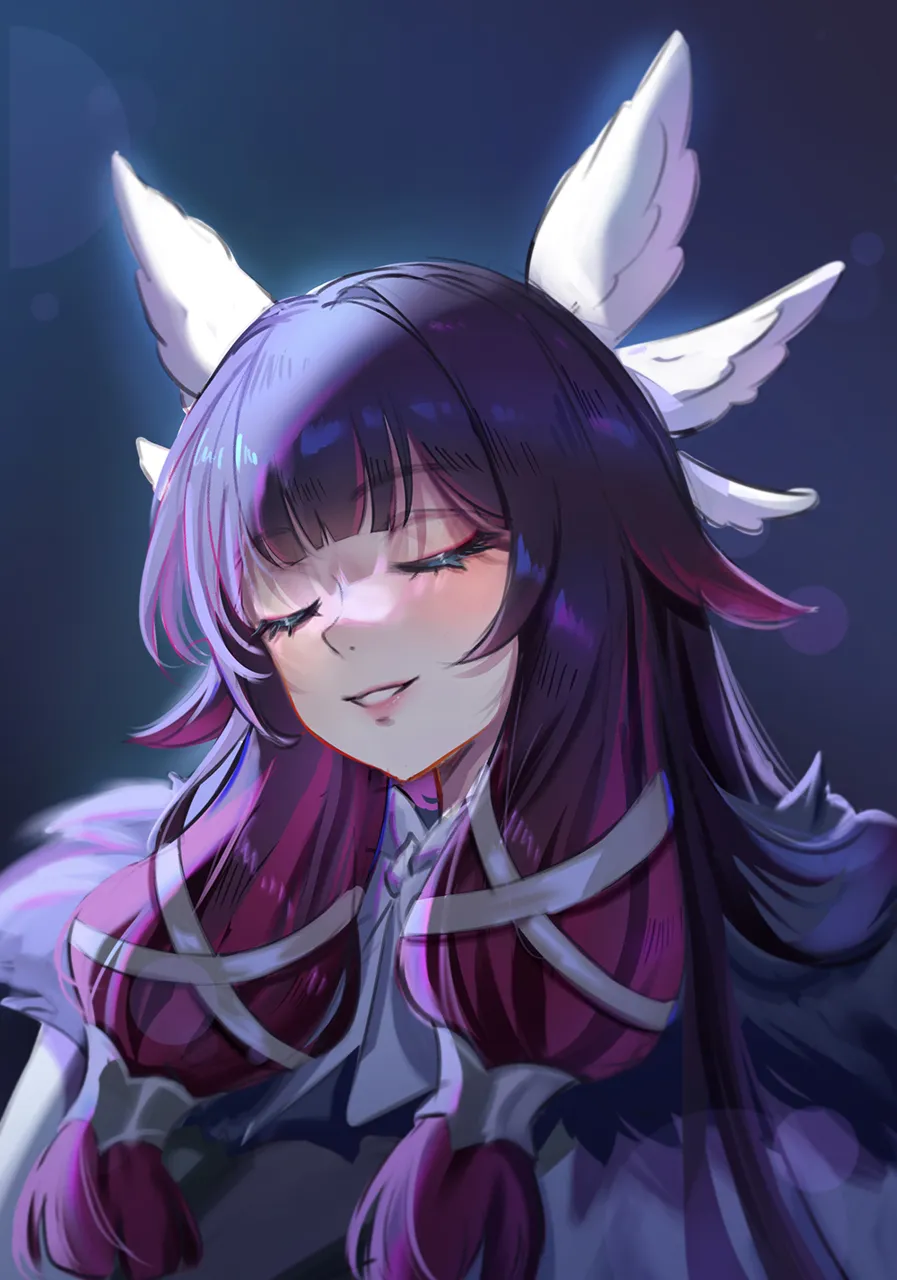 1girl closed_eyes fatui_coat fur_trim grin hair_ornament hair_over_shoulder lens_flare long_hair smile solo teeth upper_body mihan__mihan_art genshin_impact columbina__genshin_impact