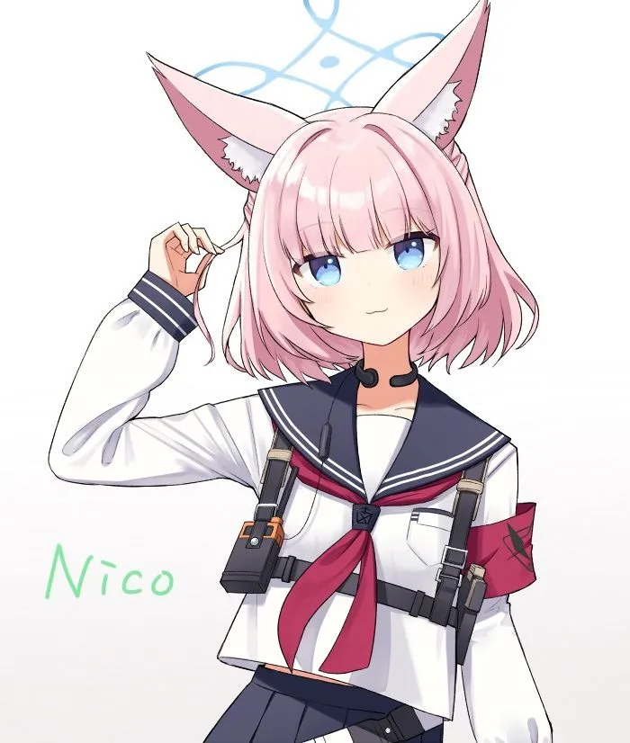 1girl animal_ear_fluff animal_ears bangs black_skirt blue_eyes fox_ears gradient gradient_background long_sleeves looking_at_viewer neckerchief pink_hair pleated_skirt sailor_collar school_uniform serafuku shirt skirt smile solo white_shirt blue_archive niko__blue_archive