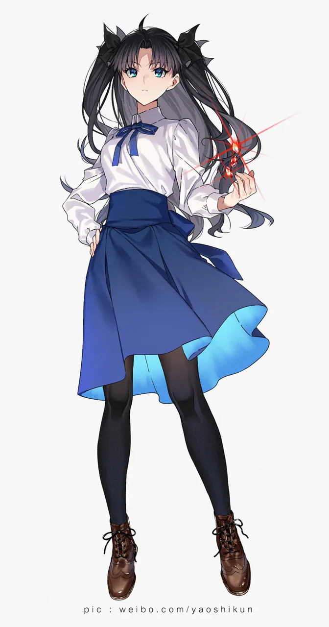 1girl black_hair black_pantyhose blue_eyes blue_skirt breasts collared_shirt cosplay dress_shirt full_body gem hair_ribbon long_hair long_sleeves looking_at_viewer medium_breasts pantyhose parted_bangs red_gemstone ribbon saber__fate__cosplay shirt simple_background skirt solo two_side_up white_background white_shirt yaoshi_jun fate_stay_night fate__series artoria_pendragon__fate saber__fate tohsaka_rin