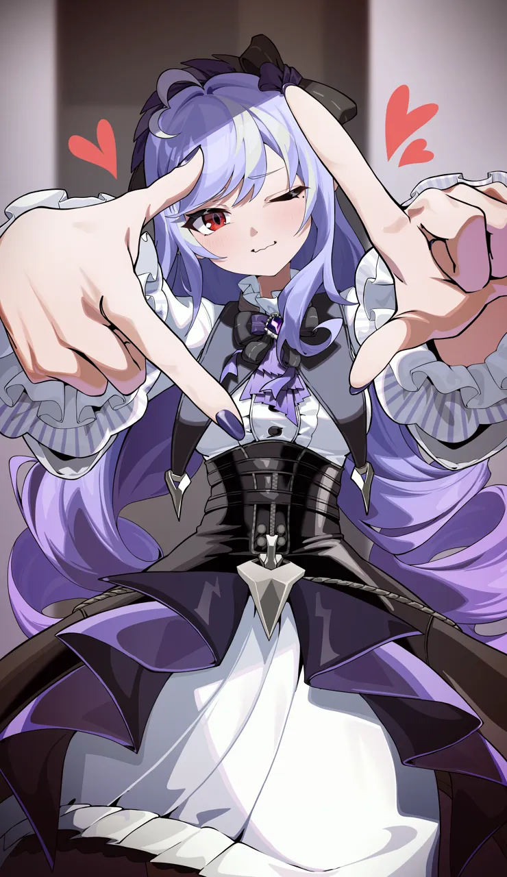 1girl ascot black_hairband black_nails black_skirt blurry blurry_background blush breasts center_frills closed_mouth dress drill_hair finger_frame frills gem hairband long_hair looking_at_viewer medium_breasts mole mole_under_eye nail_polish one_eye_closed purple_ascot purple_gemstone purple_hair red_eyes skirt solo wavy_mouth white_dress guli__guli0572 zenless_zone_zero vivian__zenless_zone_zero