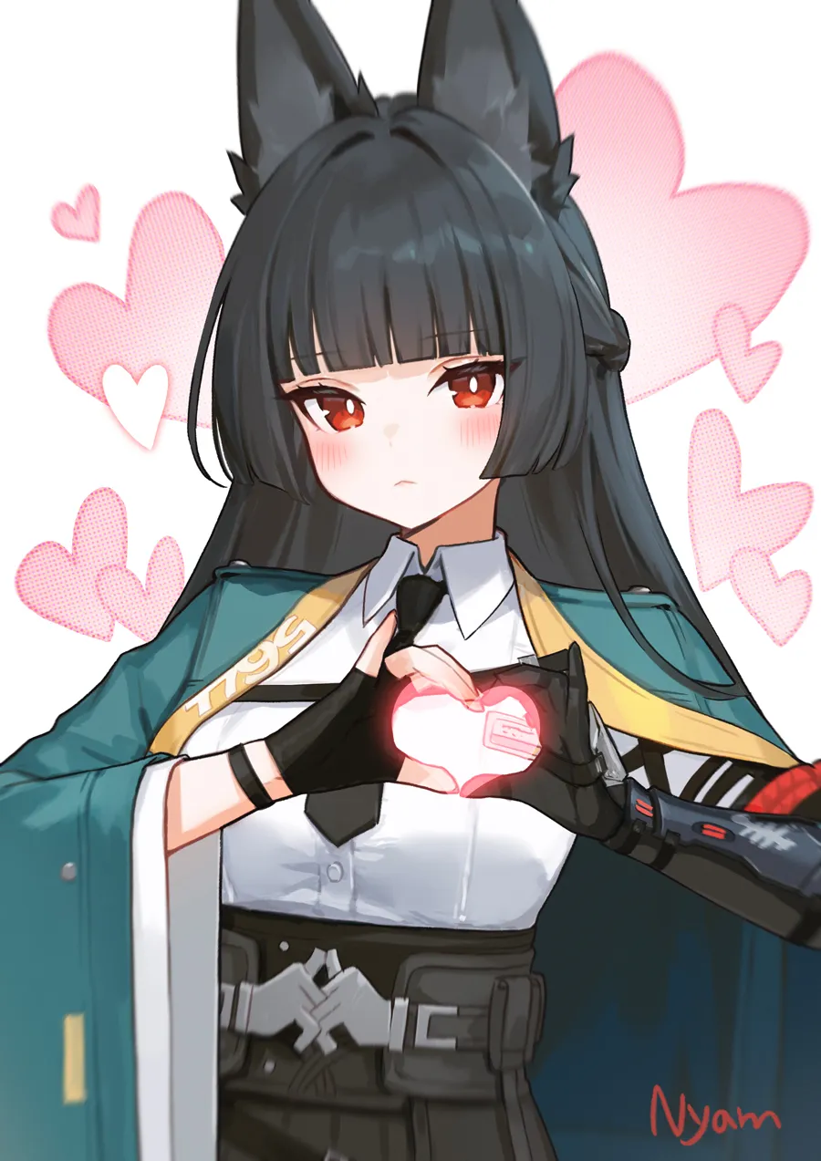 1girl animal_ears aqua_cape black_gloves black_hair black_necktie bright_pupils cape fingerless_gloves fox_ears gloves hair_intakes heart heart_hands long_hair looking_at_viewer necktie red_eyes shirt solo upper_body very_long_hair white_pupils white_shirt adelie_cat zenless_zone_zero hoshimi_miyabi__zenless_zone_zero