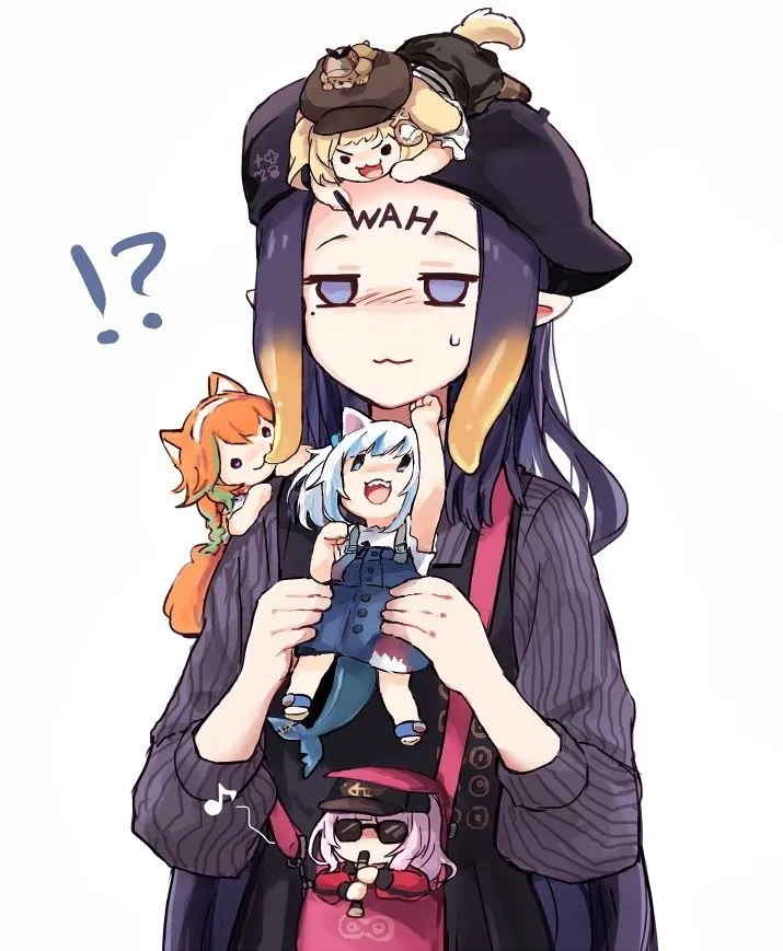 5girls alternate_costume animal_ears bangs black_headwear blonde_hair blue_eyes cat_ears chibi dog_ears hat holding hood long_hair minigirl mole mole_under_eye multicolored_hair multiple_girls ninomae_ina_nis orange_hair pointy_ears purple_eyes purple_hair ribbed_sweater simple_background streaked_hair sweatdrop sweater tail virtual_youtuber white_background hololive watson_amelia__hololive watson amelia_1st_costume__hololive takanashi_kiara__hololive takanashi_kiara_1st_costume__hololive ninomae_ina_nis__hololive ninomae_ina_nis_1st_costume__hololive mori_calliope__hololive mori_calliope_1st_costume__hololive gawr_gura__hololive