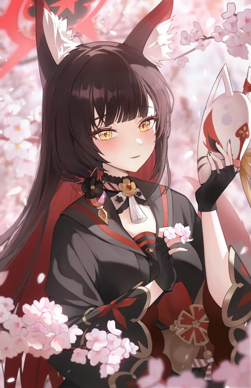 1girl animal_ear_fluff animal_ears black_gloves black_hair black_kimono blush cherry_blossoms colored_inner_hair fingerless_gloves fox_ears fox_mask gloves halo holding holding_mask japanese_clothes kimono long_hair looking_at_viewer mask multicolored_hair open_mouth red_hair red_halo solo yellow_eyes zije blue_archive wakamo__blue_archive