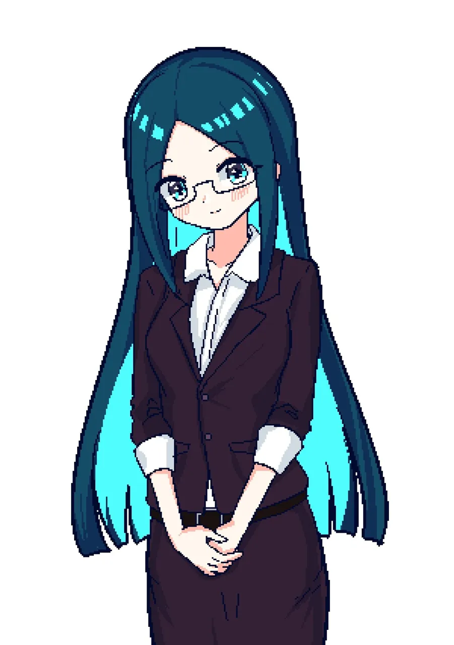 1girl aqua_hair black_skirt blue_eyes blue_hair blush closed_mouth formal glasses long_hair looking_at_viewer own_hands_together pencil_skirt shirt skirt smile solo suit transparent_background very_long_hair danganronpa shirogane_tsumugi__danganronpa